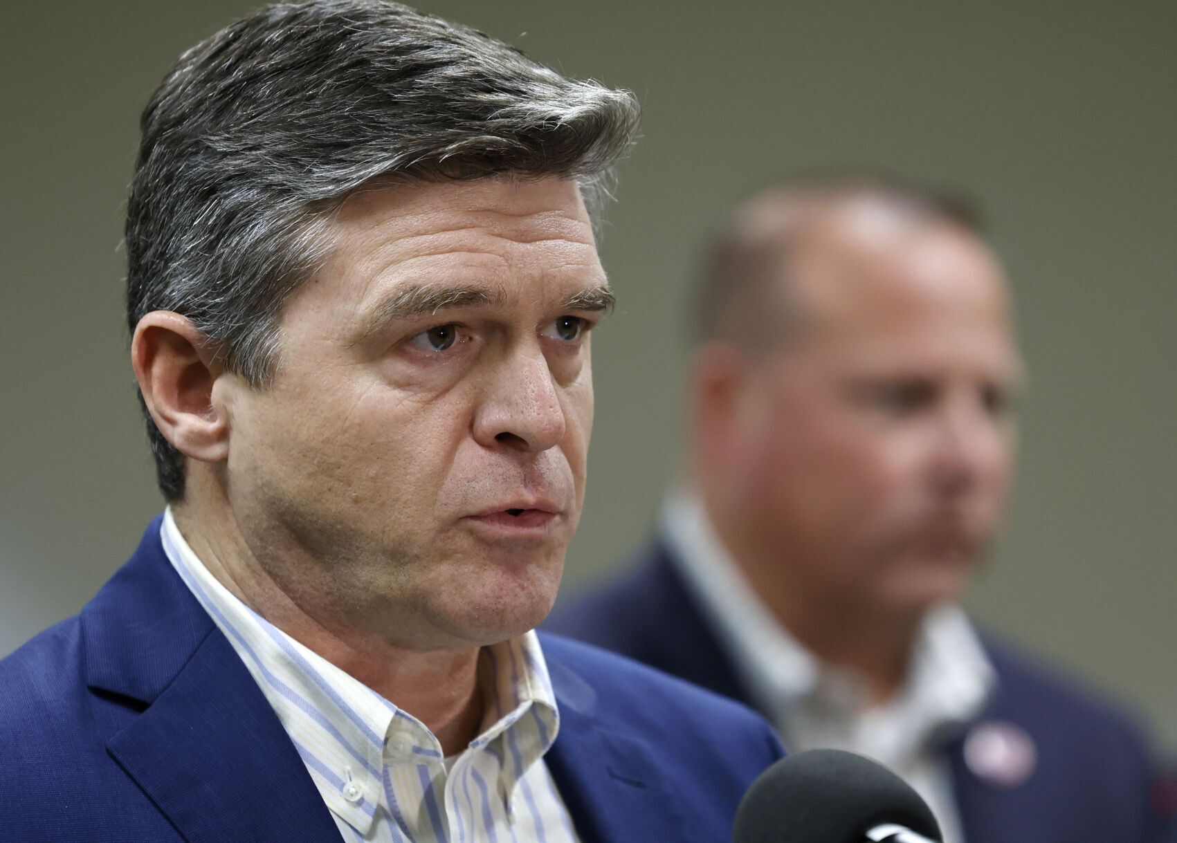 /// [EXTERNAL] Superintendent Jeffrey Weiss, left, speaks as Mayor David Bogdala listens during a press conference at the John J. Hosmanek Educational Support Center on Thursday, Nov. 7, 2024. (Sean Krajacic/The Kenosha News via AP)