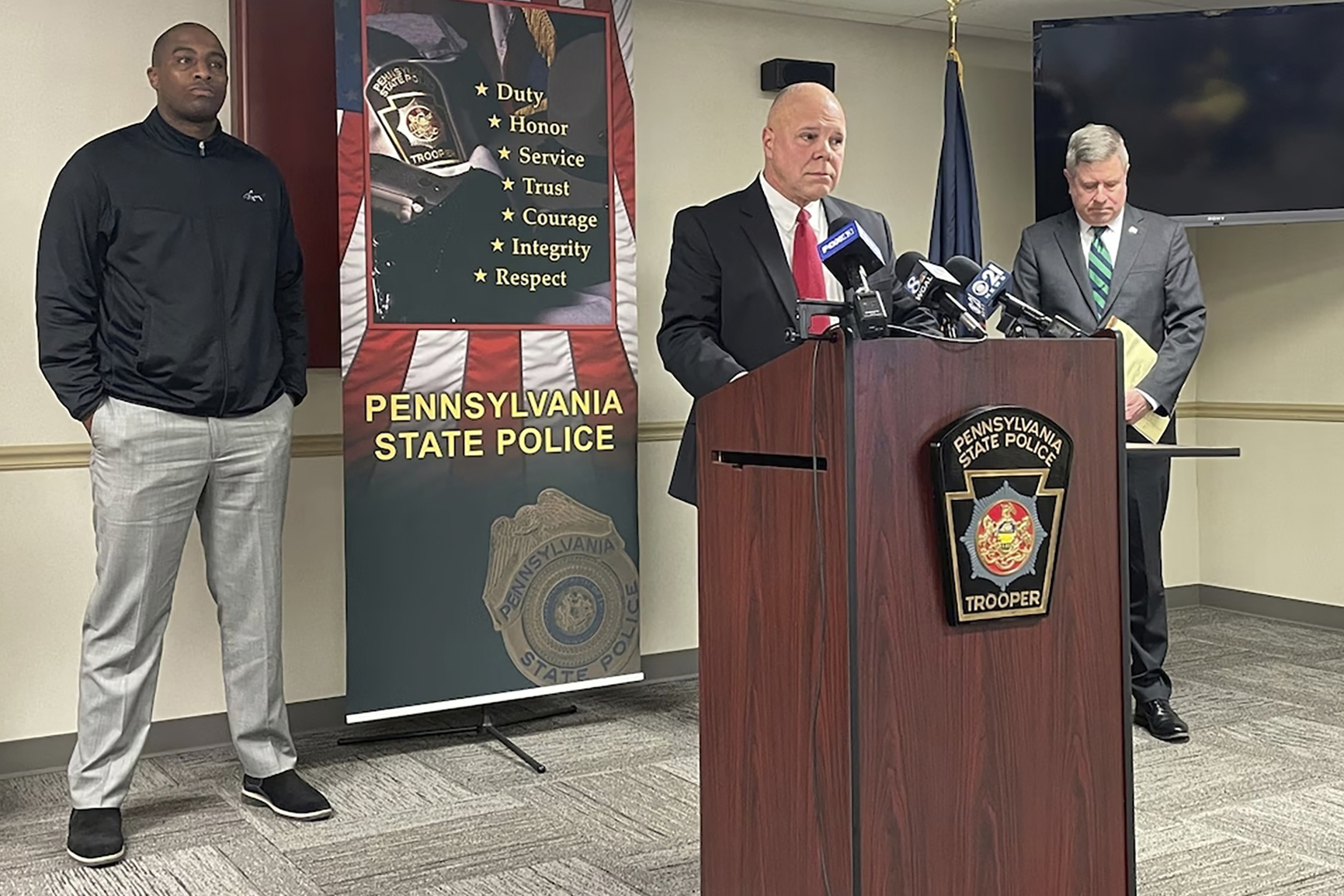 Pennsylvania State Police Lt. Col. George Bivens holds a press conference Friday, Nov. 8, 2024, to discusses three people who were shot and killed in two Pennsylvania counties. (Zahriah Balentine/The Patriot-News via AP)