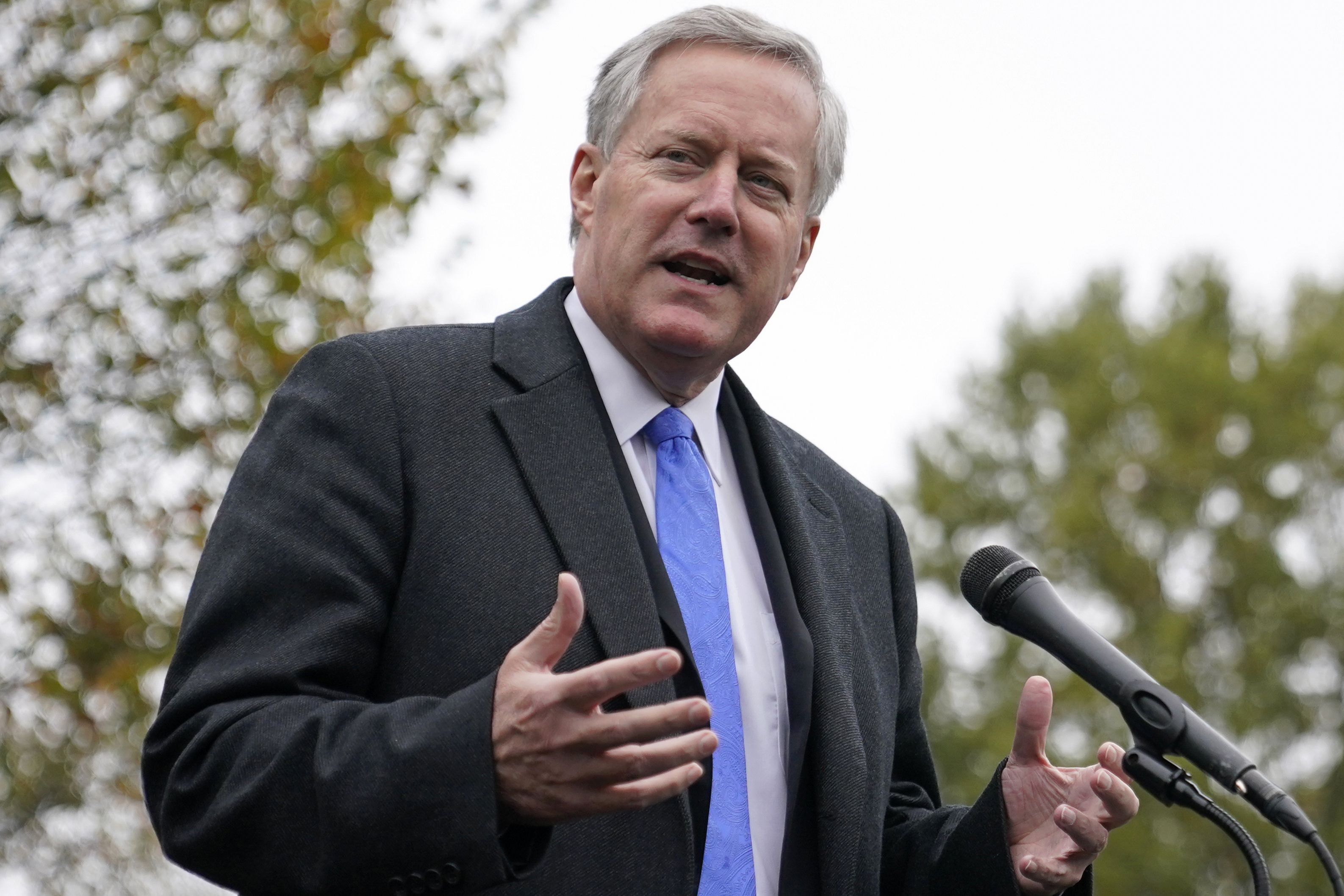 FILE - White House chief of staff Mark Meadows speaks with reporters outside the White House, Monday, Oct. 26, 2020, in Washington. (AP Photo/Patrick Semansky, File)