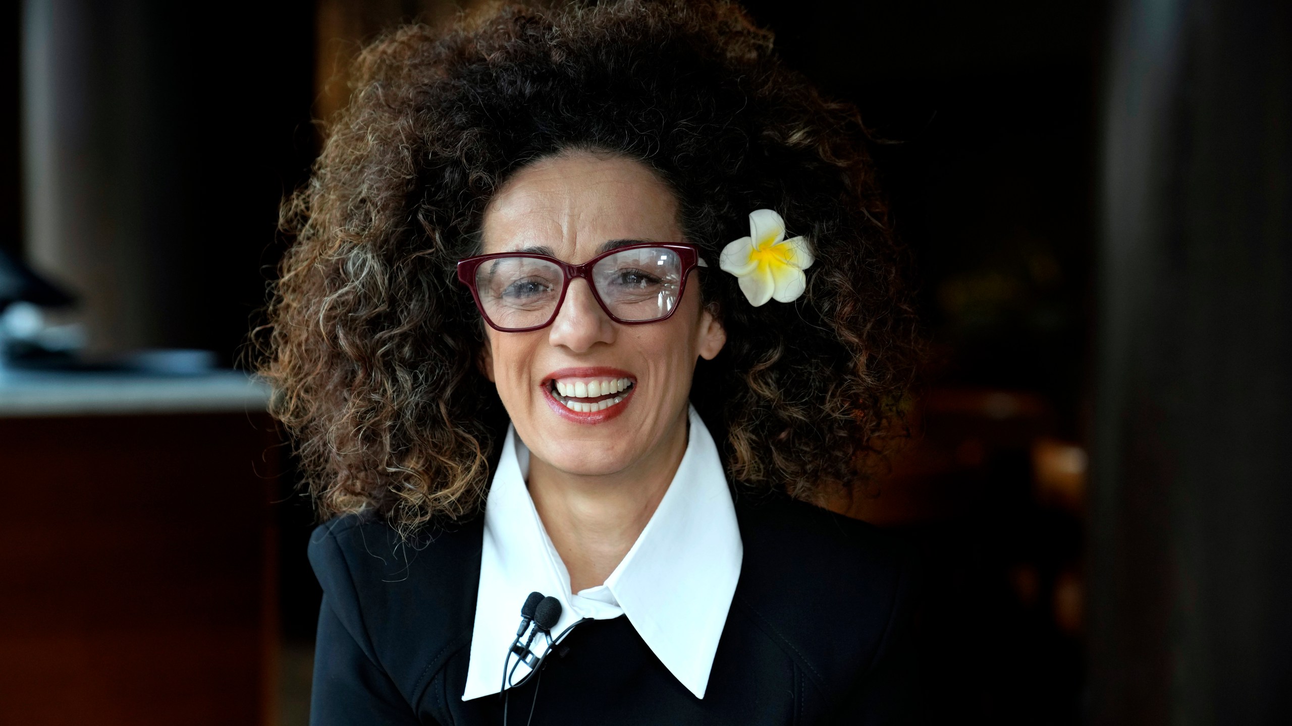 Masih Alinejad, 48, a prominent Iranian American human rights activist attends an interview with the Associated Press in Berlin, Germany, Saturday, Nov. 9, 2024. (AP Photo/Ebrahim Noroozi)