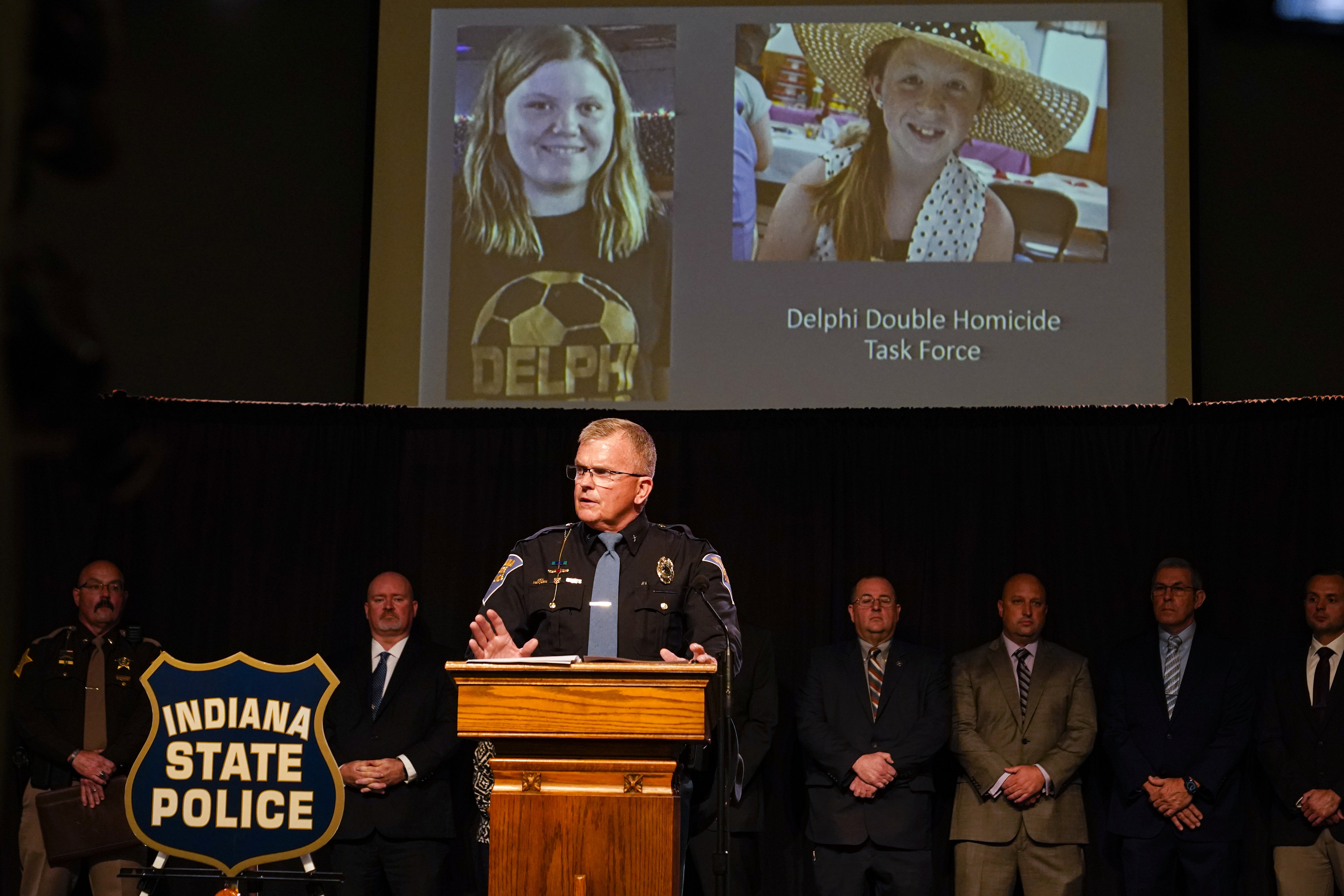 FILE - Indiana State Police Superintendent Doug Carter announces during a news conference in Delphi, Ind., Oct. 31, 2022, the arrest of Richard Allen for the murders of two teenage girls killed in 2017. (AP Photo/Michael Conroy, File)