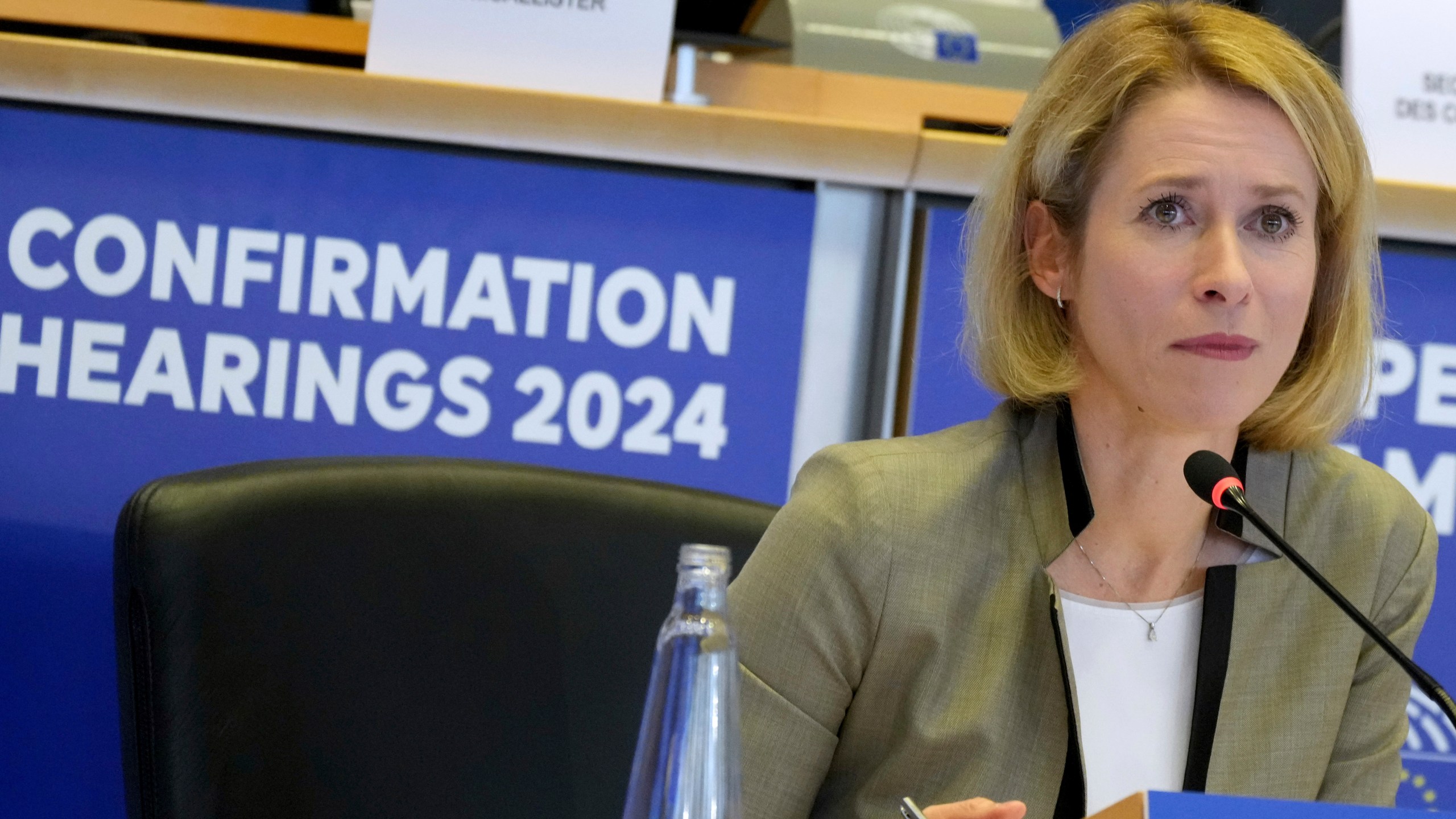 Estonia's Kaja Kallas, nominee for European Union High Representative and Vice-President for Foreign Affairs and Security Policy, speaks during her hearing at the European Parliament in Brussels on Tuesday, Nov. 12, 2024. (AP Photo/Virginia Mayo)