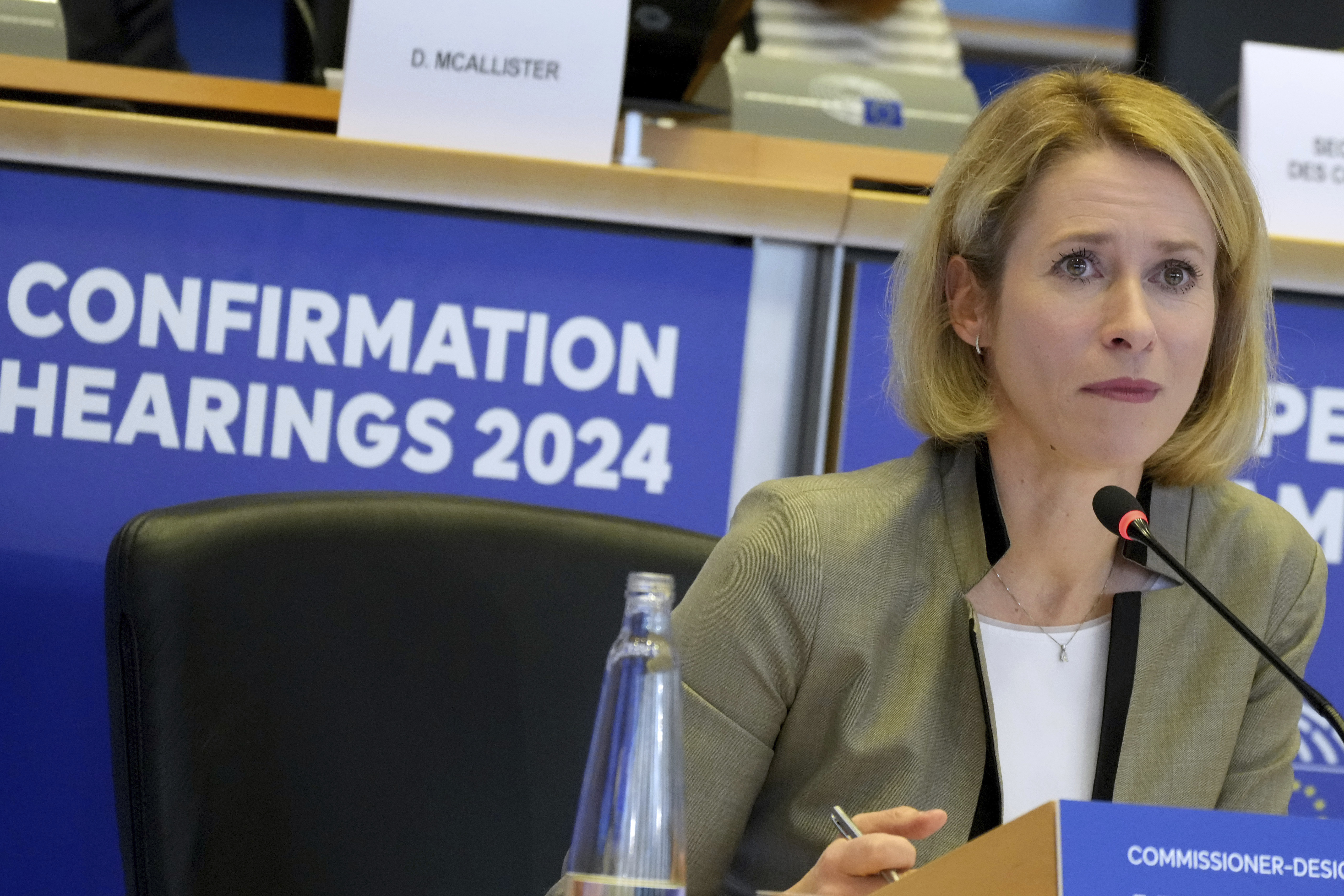 Estonia's Kaja Kallas, nominee for European Union High Representative and Vice-President for Foreign Affairs and Security Policy, speaks during her hearing at the European Parliament in Brussels on Tuesday, Nov. 12, 2024. (AP Photo/Virginia Mayo)