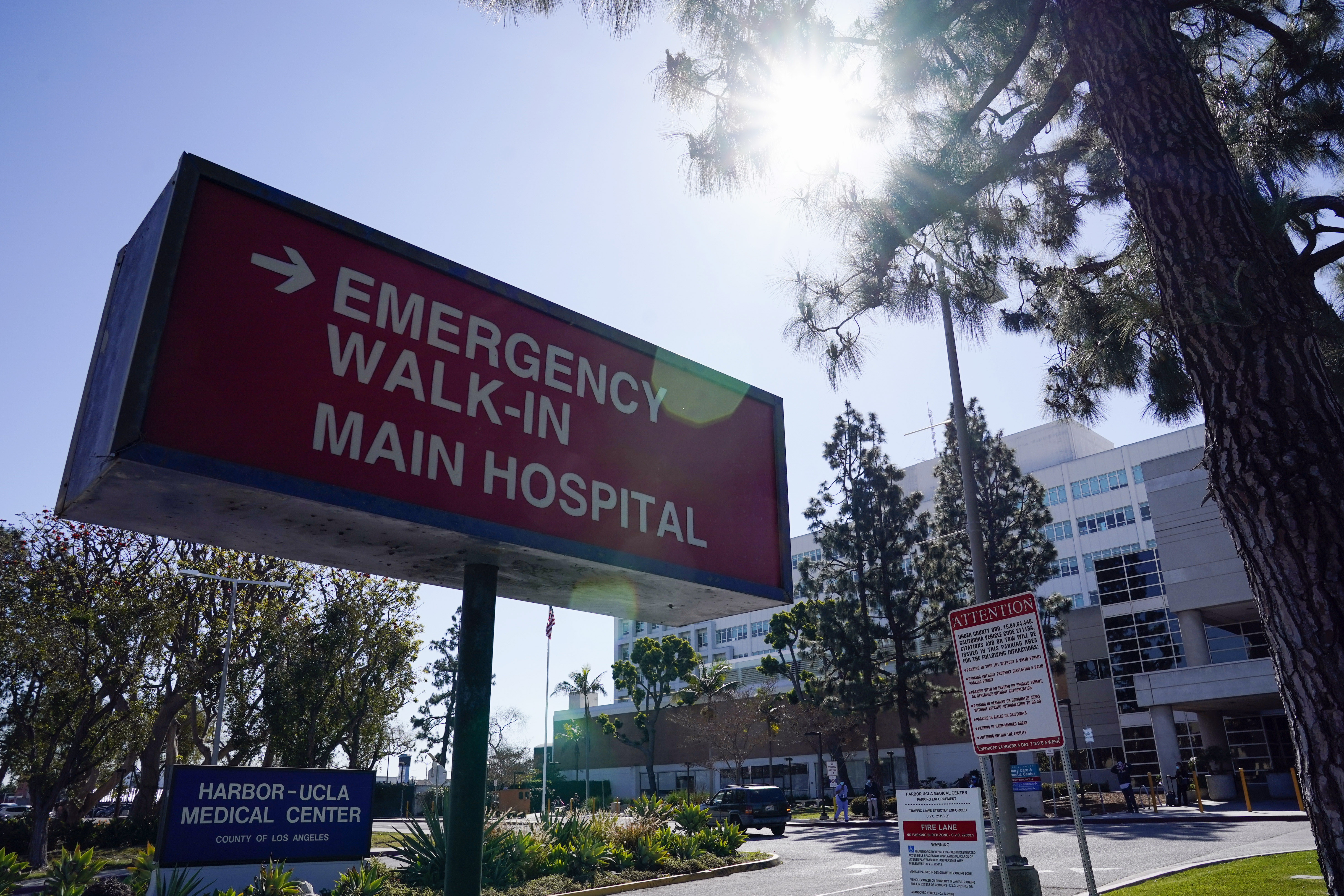 FILE - An emergency room sign is displayed outside Harbor-UCLA Medical Center, Feb. 24, 2021, in Torrance, Calif. (AP Photo/Ashley Landis, File)