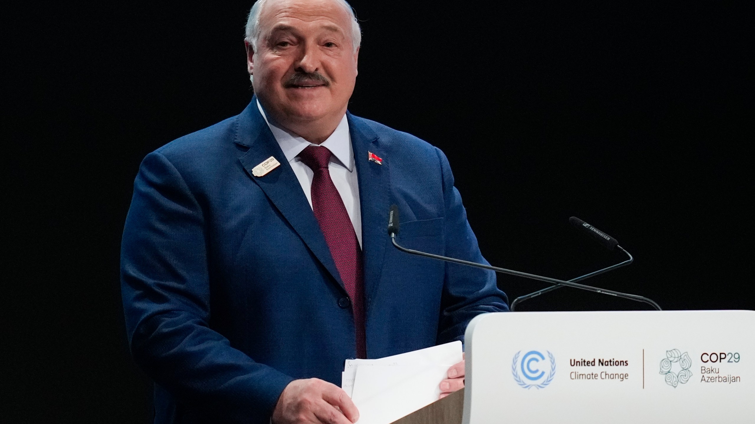 Belarus President Aleksandr Lukashenko speaks during a plenary session at the COP29 U.N. Climate Summit, Tuesday, Nov. 12, 2024, in Baku, Azerbaijan. (AP Photo/Rafiq Maqbool)