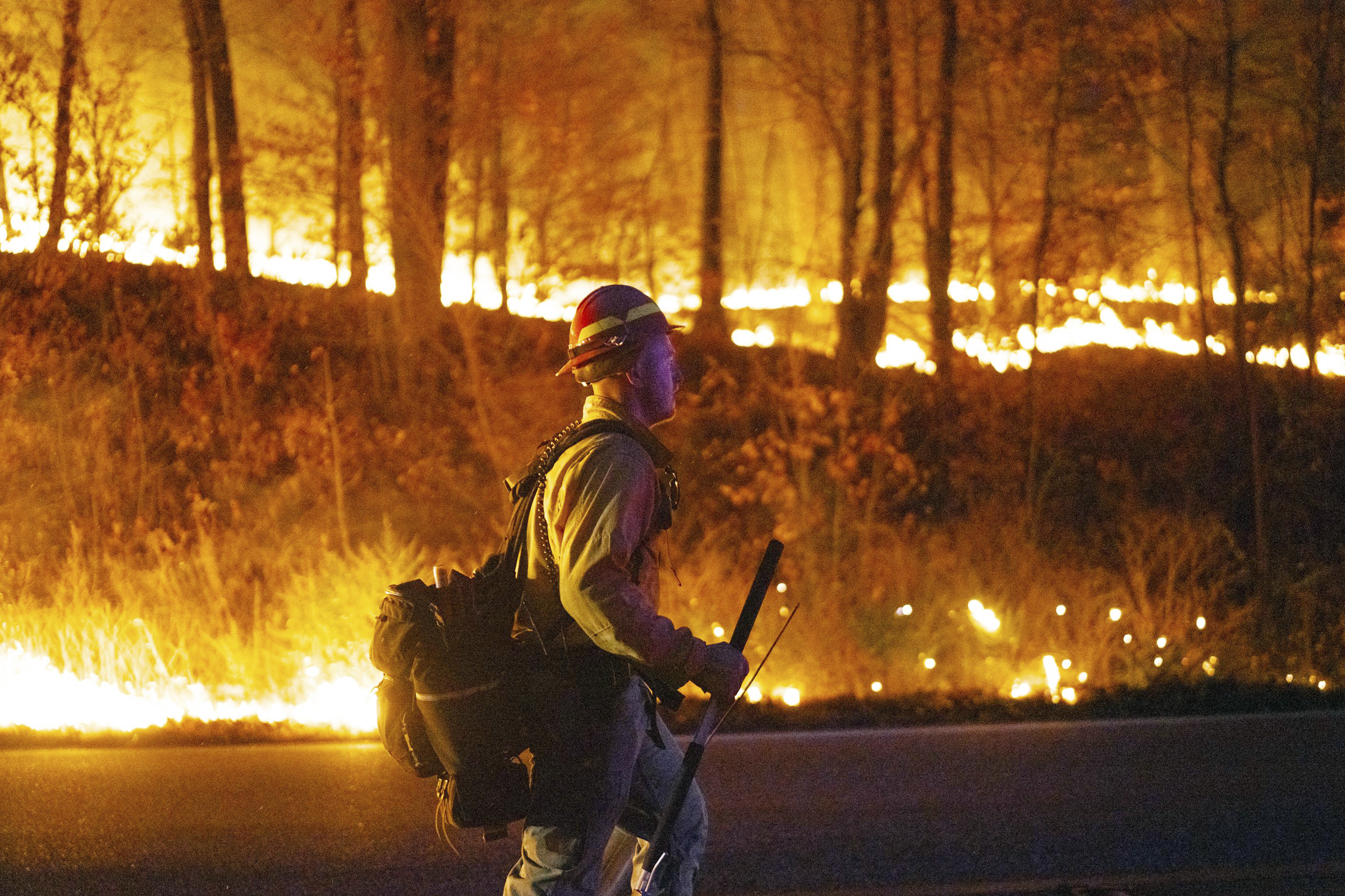 This image provided by New Jersey Department of Environmental Protection shows the wildfire in Jennings Creek, N.J., Saturday, Nov. 9, 2024. (New Jersey Department of Environmental Protection via AP)