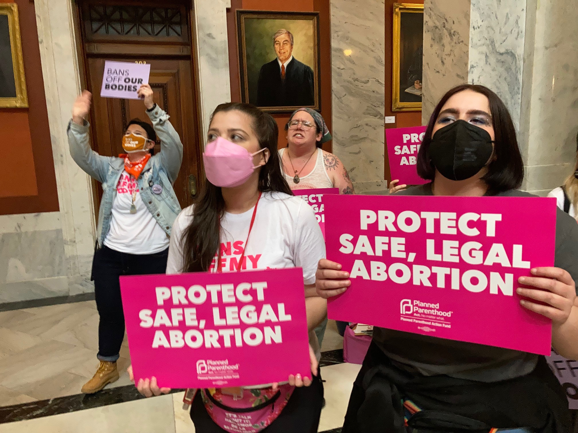 FILE - Abortion-rights supporters chant their objections at the Kentucky Capitol, April 13, 2022, in Frankfort, Ky. (AP Photo/Bruce Schreiner, File)