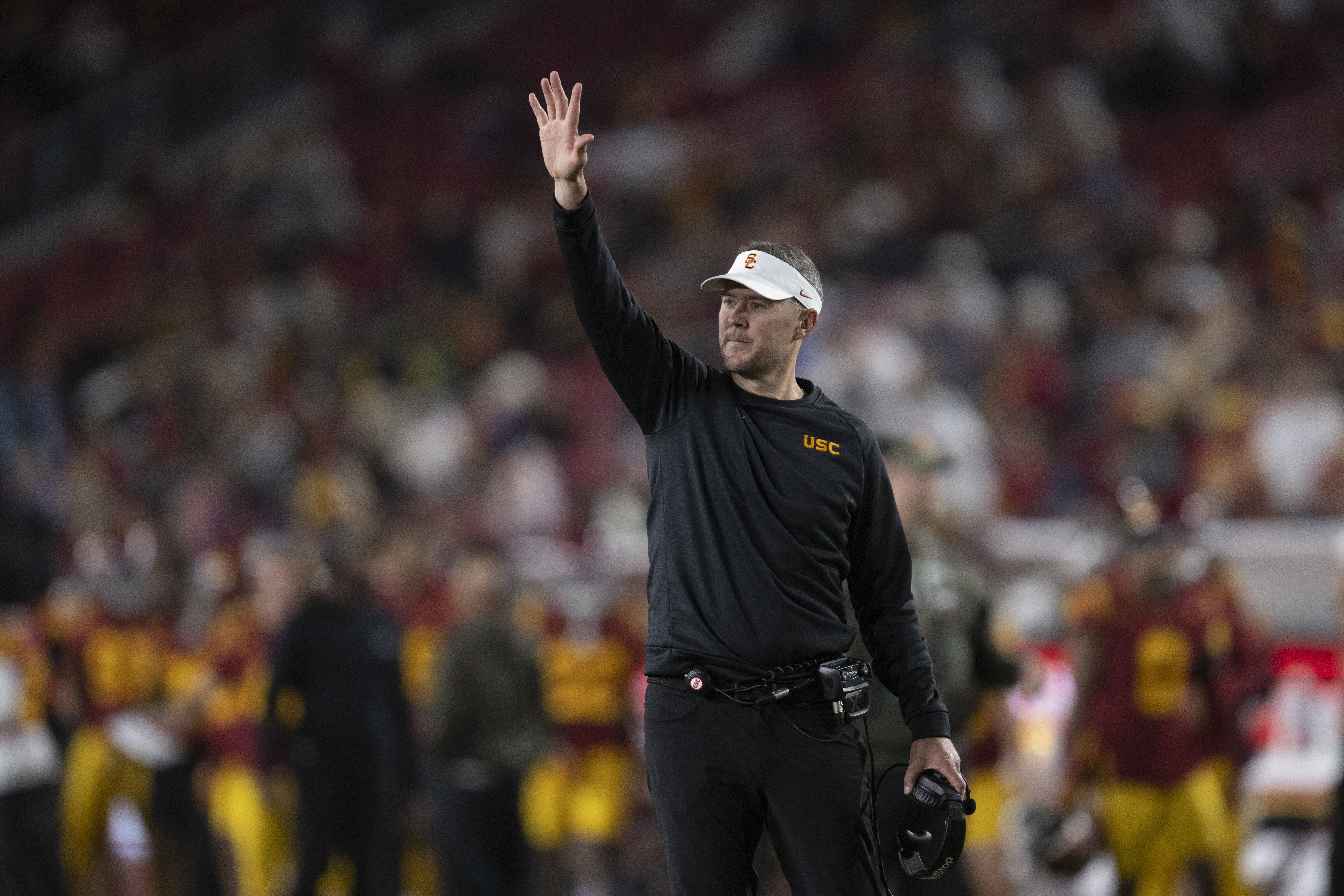 Southern California head coach Lincoln Riley gestures during the first half of an NCAA college football game against Rutgers, Friday, Oct. 25, 2024, in Los Angeles. (AP Photo/Kyusung Gong)