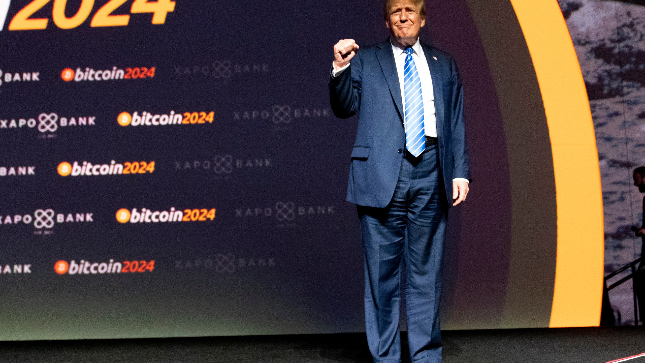 FILE - Republican presidential candidate former President Donald Trump arrives to speak at the Bitcoin 2024 conference, Saturday, July 27, 2024, in Nashville, Tenn. (AP Photo/Alex Brandon, File)