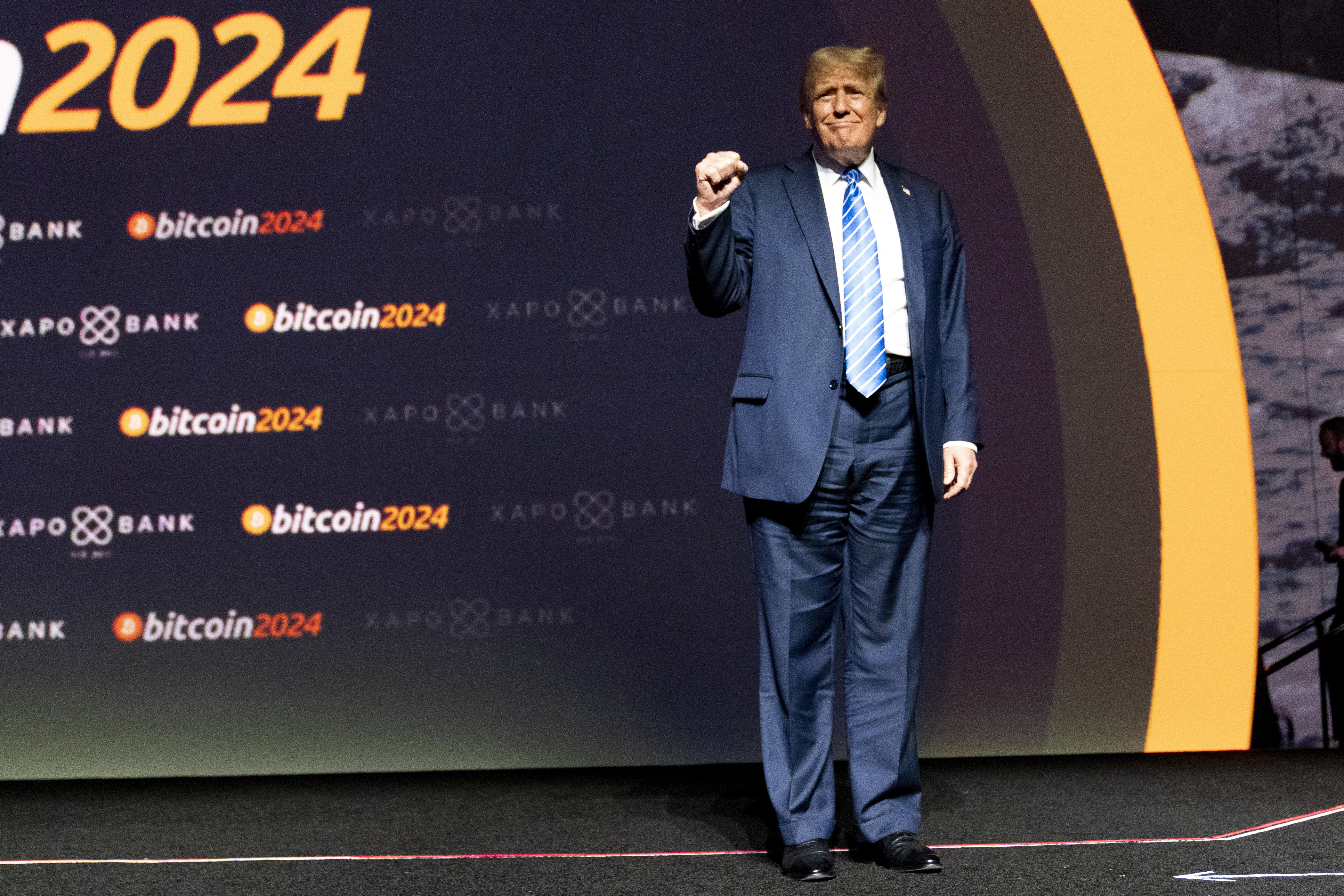 FILE - Republican presidential candidate former President Donald Trump arrives to speak at the Bitcoin 2024 conference, Saturday, July 27, 2024, in Nashville, Tenn. (AP Photo/Alex Brandon, File)