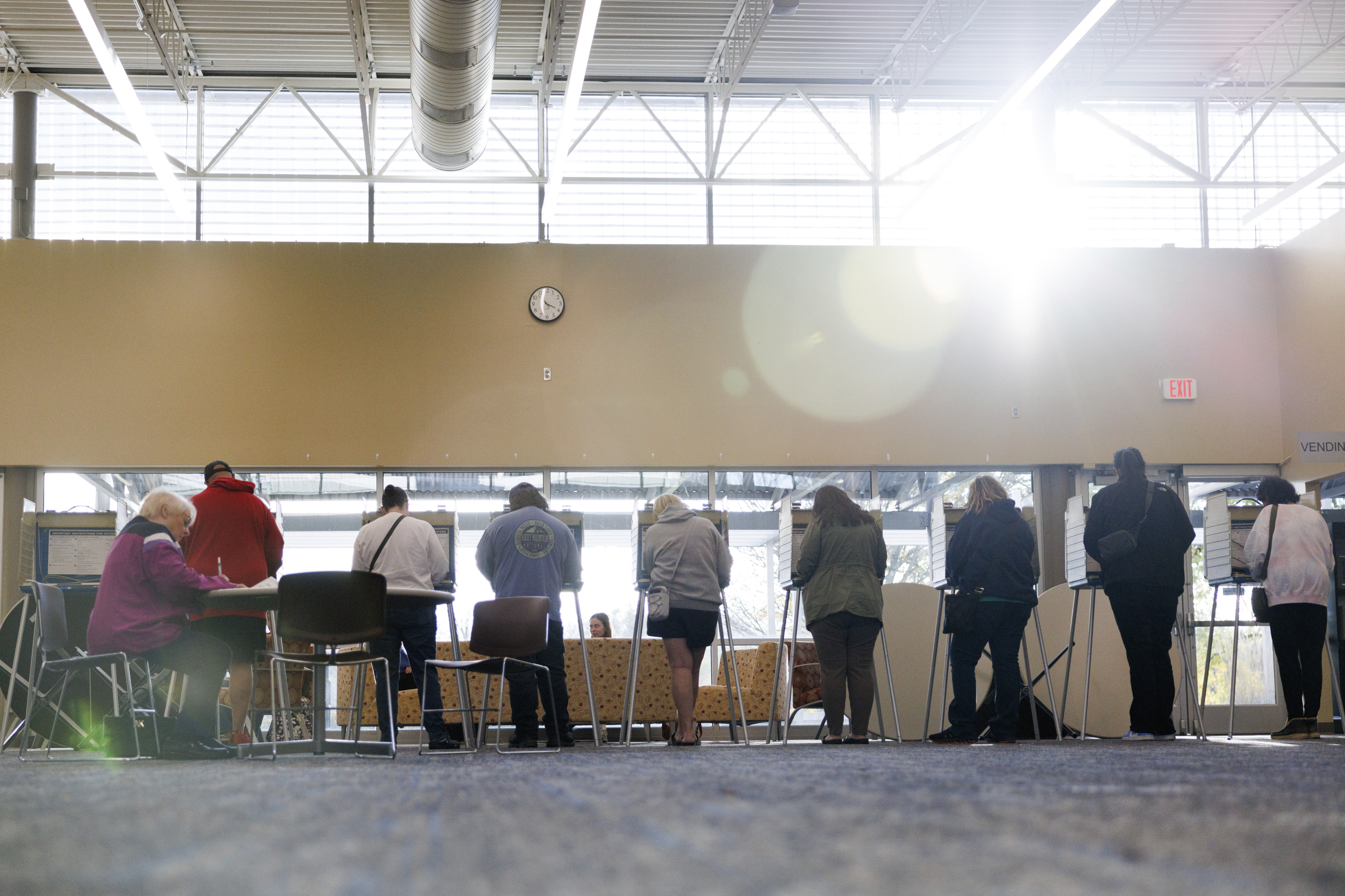 Voters fill out their ballots at the Metropolitan Community College Elkhorn Valley Campus, Tuesday, Nov. 5, 2024, in Omaha, Neb. (Nikos Frazier/Omaha World-Herald via AP)