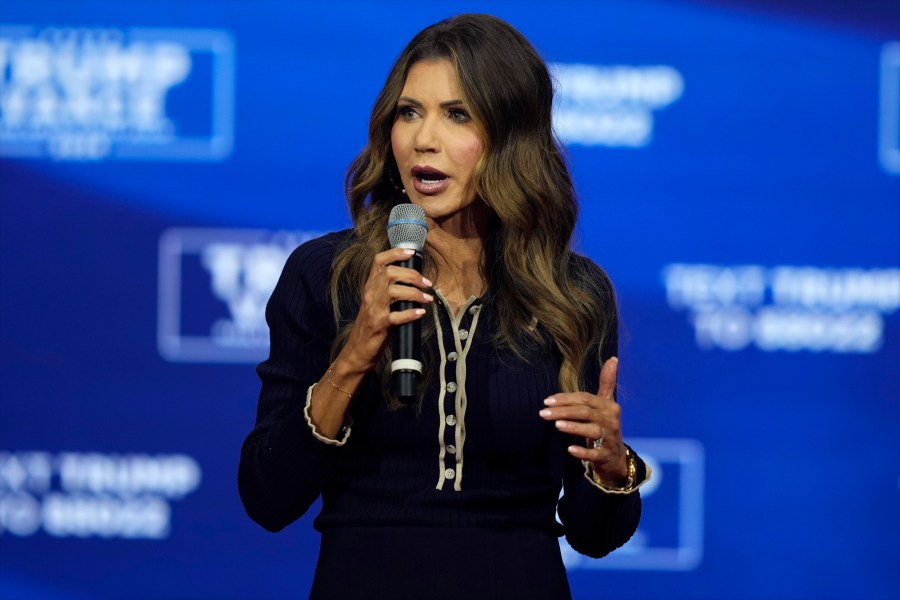 FILE - South Dakota Gov. Kristi Noem speaks before Republican presidential nominee former President Donald Trump at a campaign town hall, Oct. 14, 2024, in Oaks, Pa. (AP Photo/Matt Rourke, File)