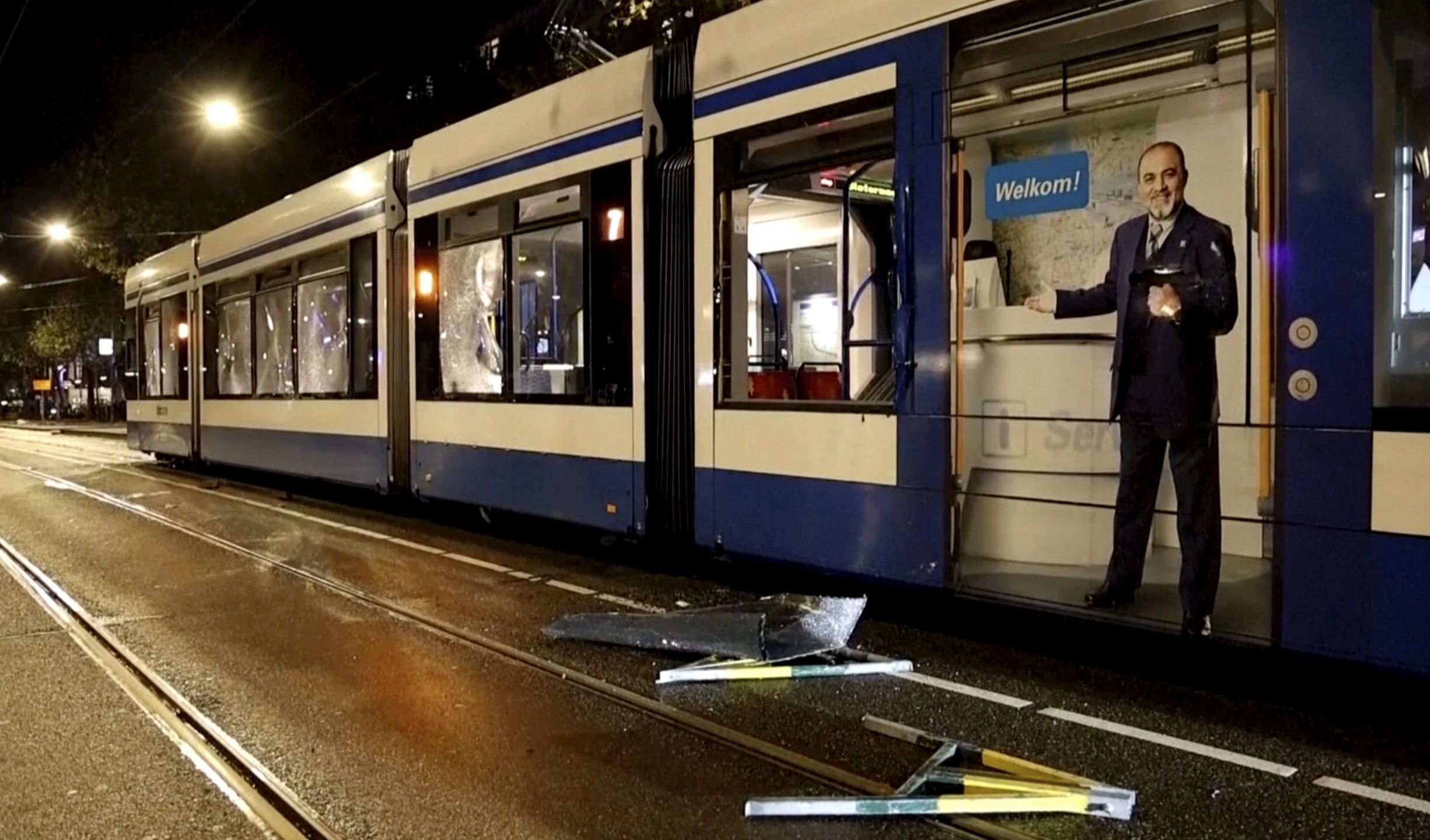 This image taken from video shows a damaged tram in Amsterdam, Monday Nov. 11, 2024, as the city is facing tensions following violence last week. (AP Photo)