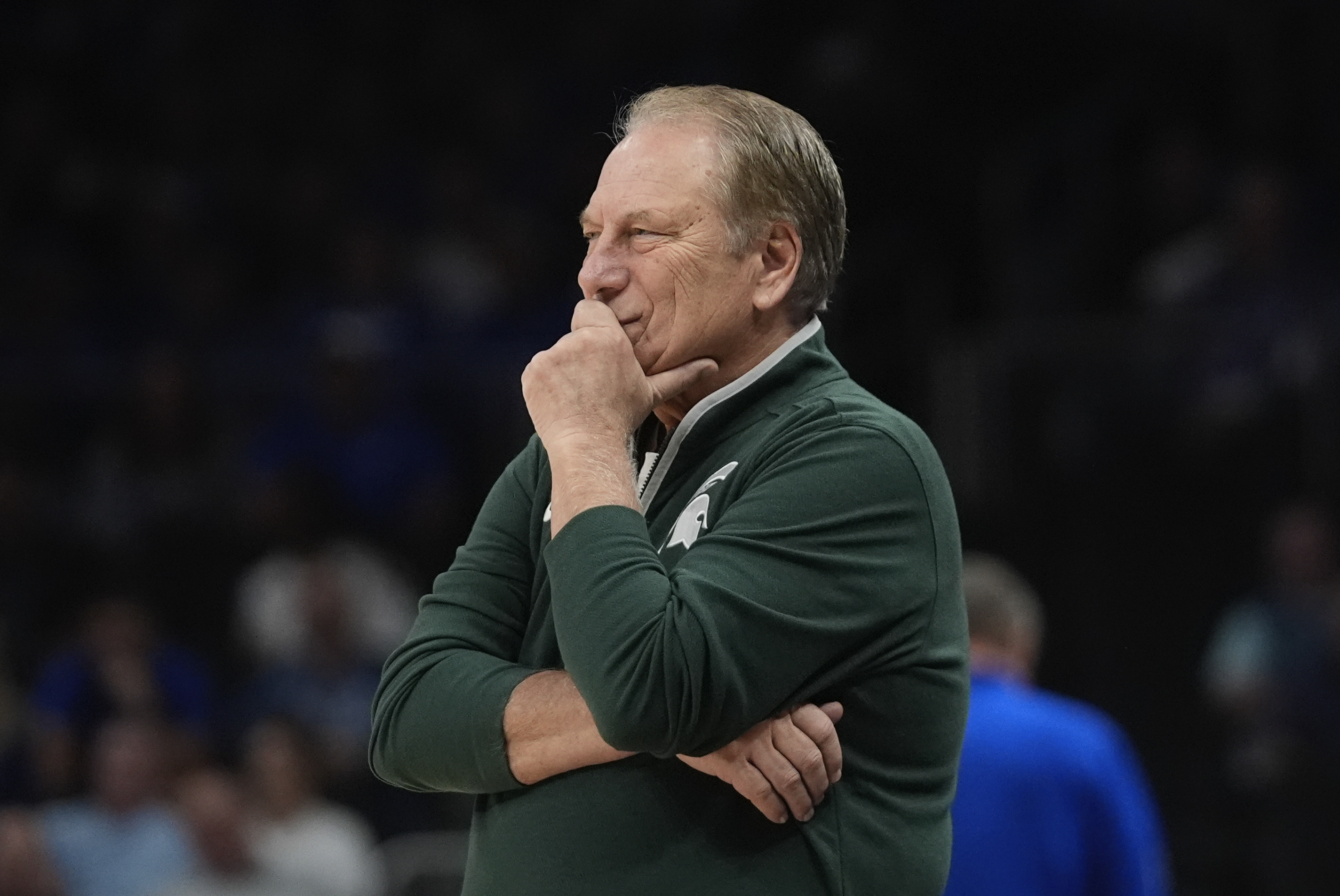 Michigan State head coach Tom Izzo watches from the sideline during the first half of an NCAA college basketball game against Kansas, Tuesday, Nov. 12, 2024, in Atlanta. (AP Photo/John Bazemore )