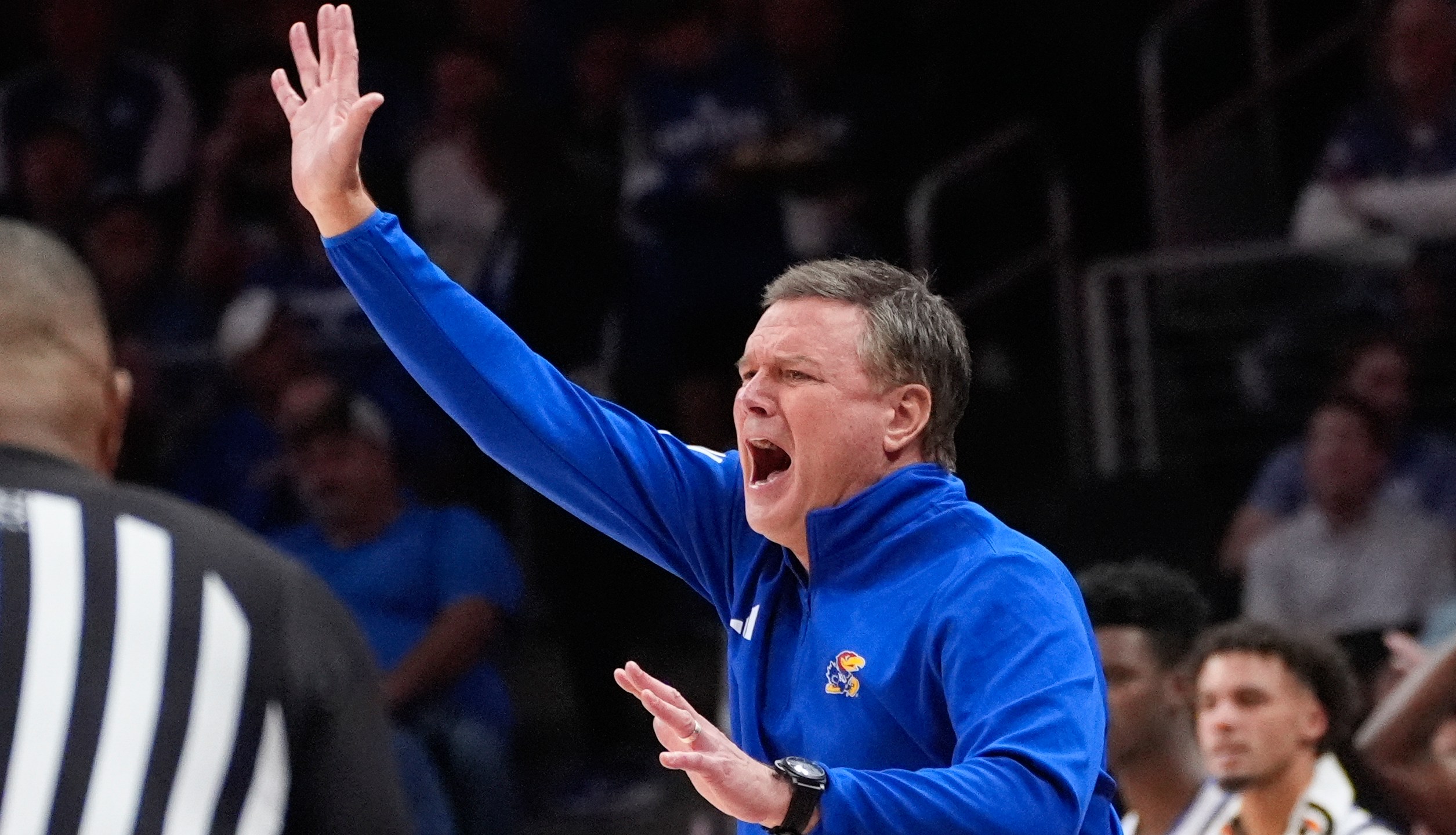 Kansas head coach Bill Self reacts on the sidieline during the first half of an NCAA college basketball game against Michigan State, Tuesday, Nov. 12, 2024, in Atlanta. (AP Photo/John Bazemore )