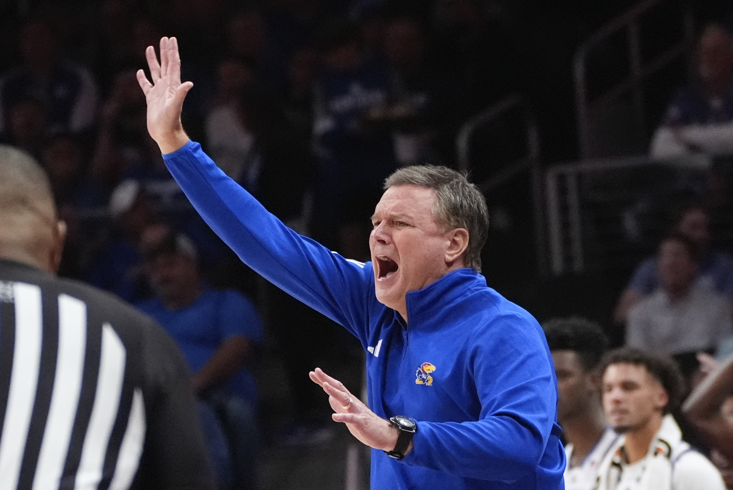 Kansas head coach Bill Self reacts on the sidieline during the first half of an NCAA college basketball game against Michigan State, Tuesday, Nov. 12, 2024, in Atlanta. (AP Photo/John Bazemore )