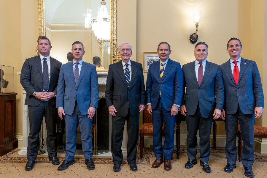 Senate Minority Leader Mitch McConnell, R-Ky., center, welcomes incoming Republican senators in his office at the Capitol in Washington, Tuesday, Nov. 12, 2024. From left are, Sen.-elect Tim Sheehy, R-Mont., Sen.-elect Jim Banks, R-Ind., Sen. Mitch McConnell, R-Ky., Sen.-elect John Curtis, R-Utah, Sen.-elect David McCormick, R-Pa., and Sen.-elect Bernie Moreno, R-Ohio. (AP Photo/J. Scott Applewhite)