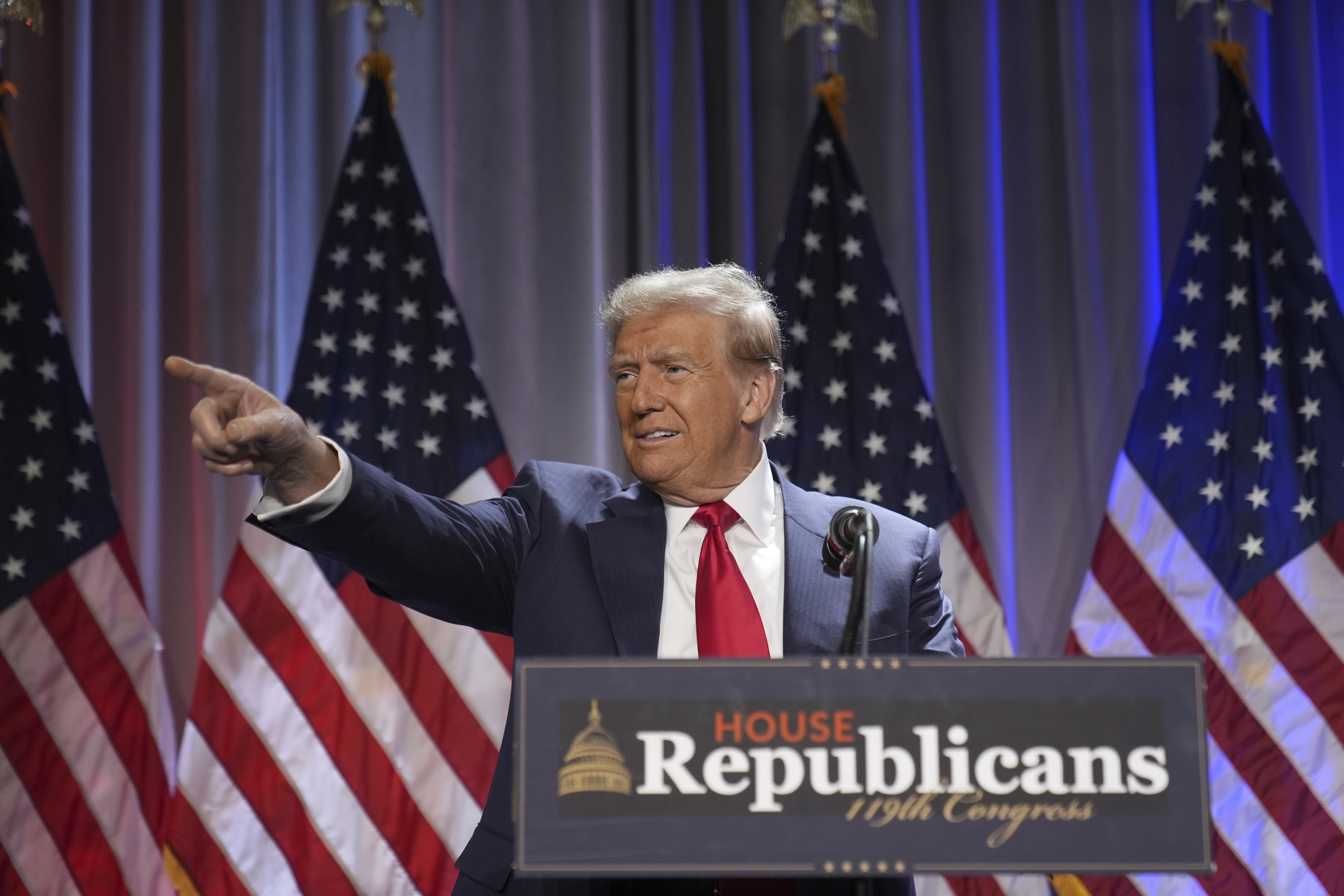 President-elect Donald Trump speaks as he arrives for a meeting with the House GOP conference, Wednesday, Nov. 13, 2024, in Washington. (AP Photo/Alex Brandon)