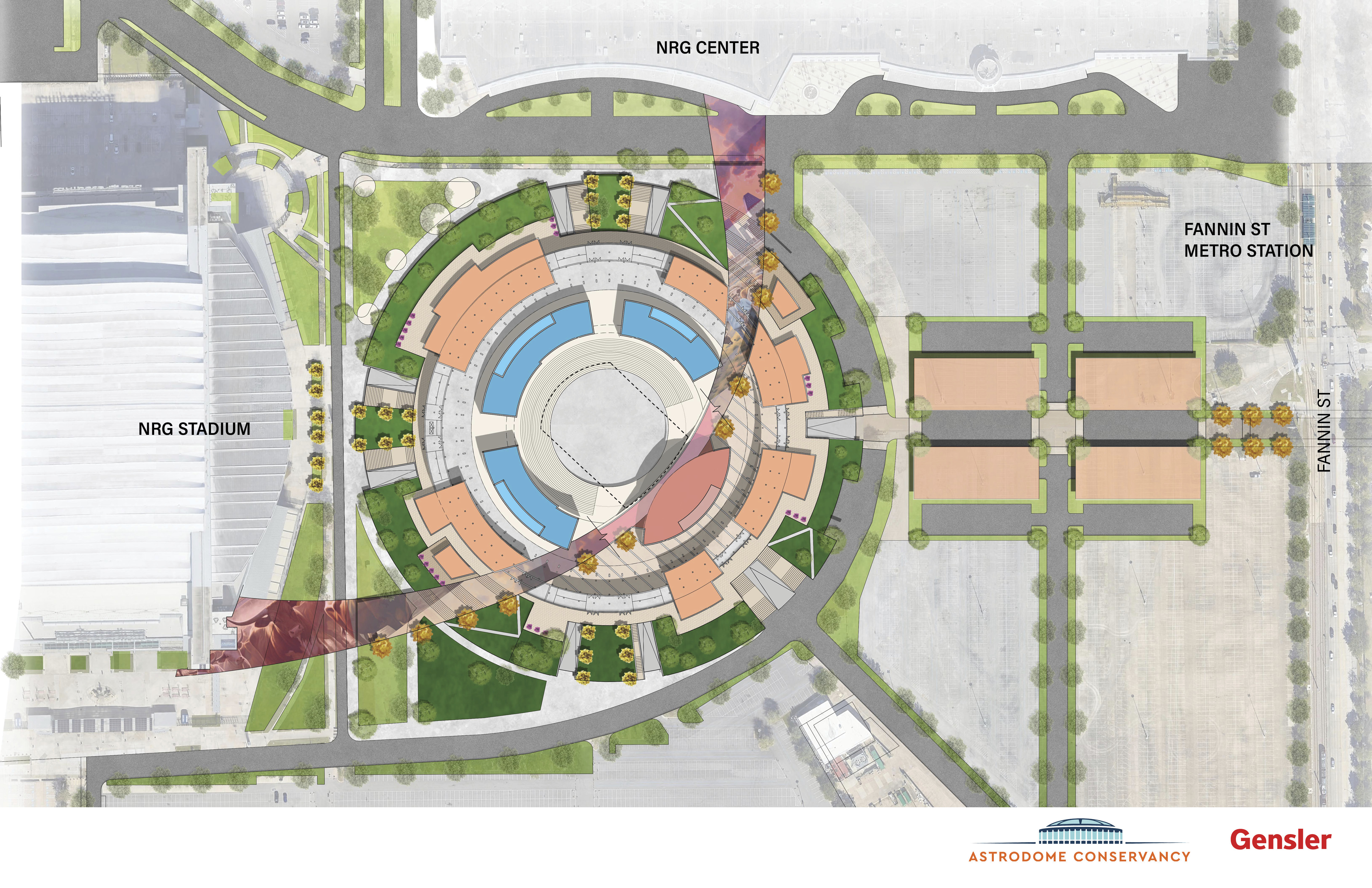 This artist rendering provided by Gensler Architects, shows some of the proposed mixed use spaces for renovations of the now dormant Astrodome unveiled during a press conference put on by the Astrodome Conservancy, Wednesday, Nov. 13, 2024, in Houston. (Gensler Architects via AP)