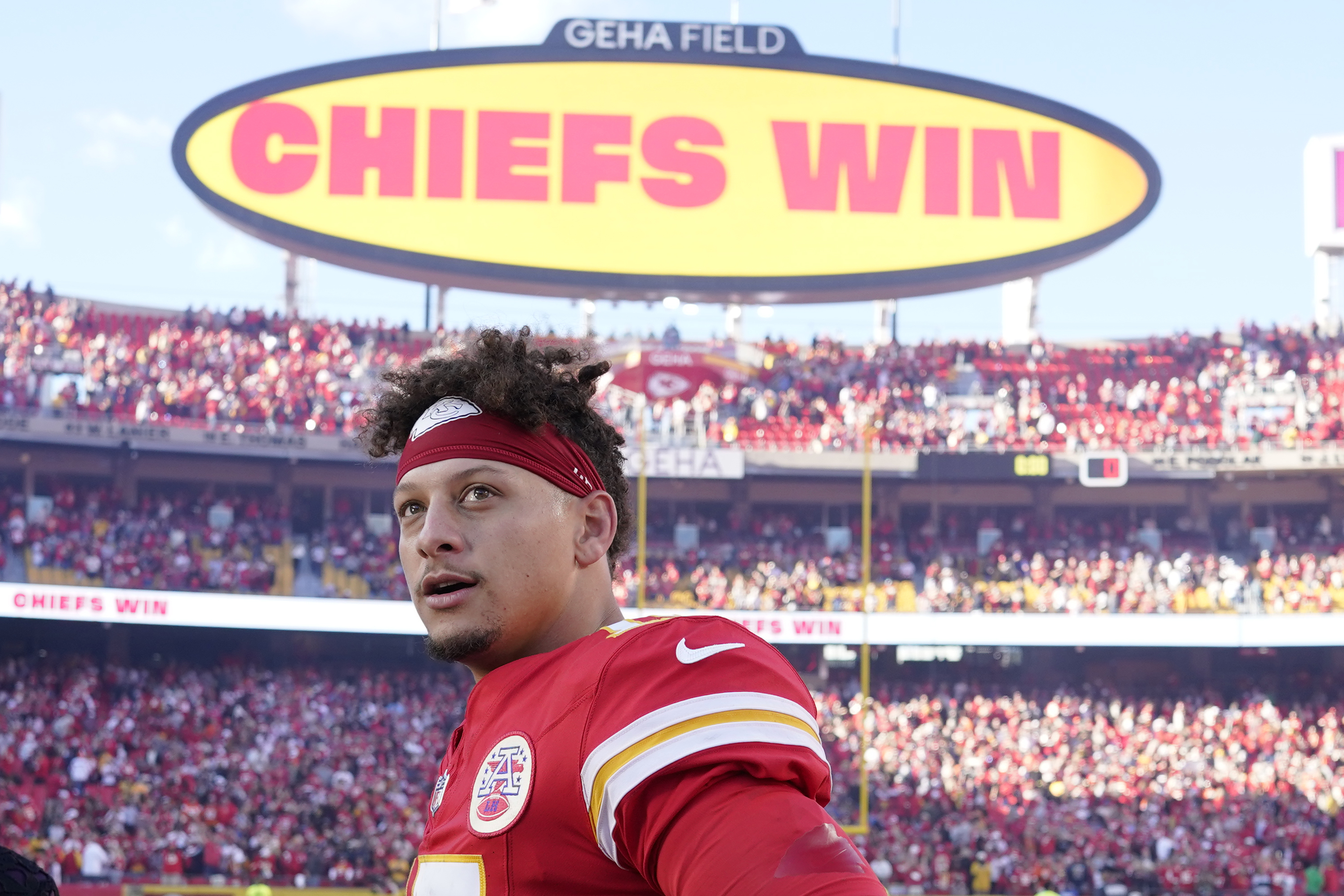 Kansas City Chiefs quarterback Patrick Mahomes pauses following an NFL football game against the Denver Broncos Sunday, Nov. 10, 2024, in Kansas City, Mo. The Chiefs won 16-14. (AP Photo/Ed Zurga)