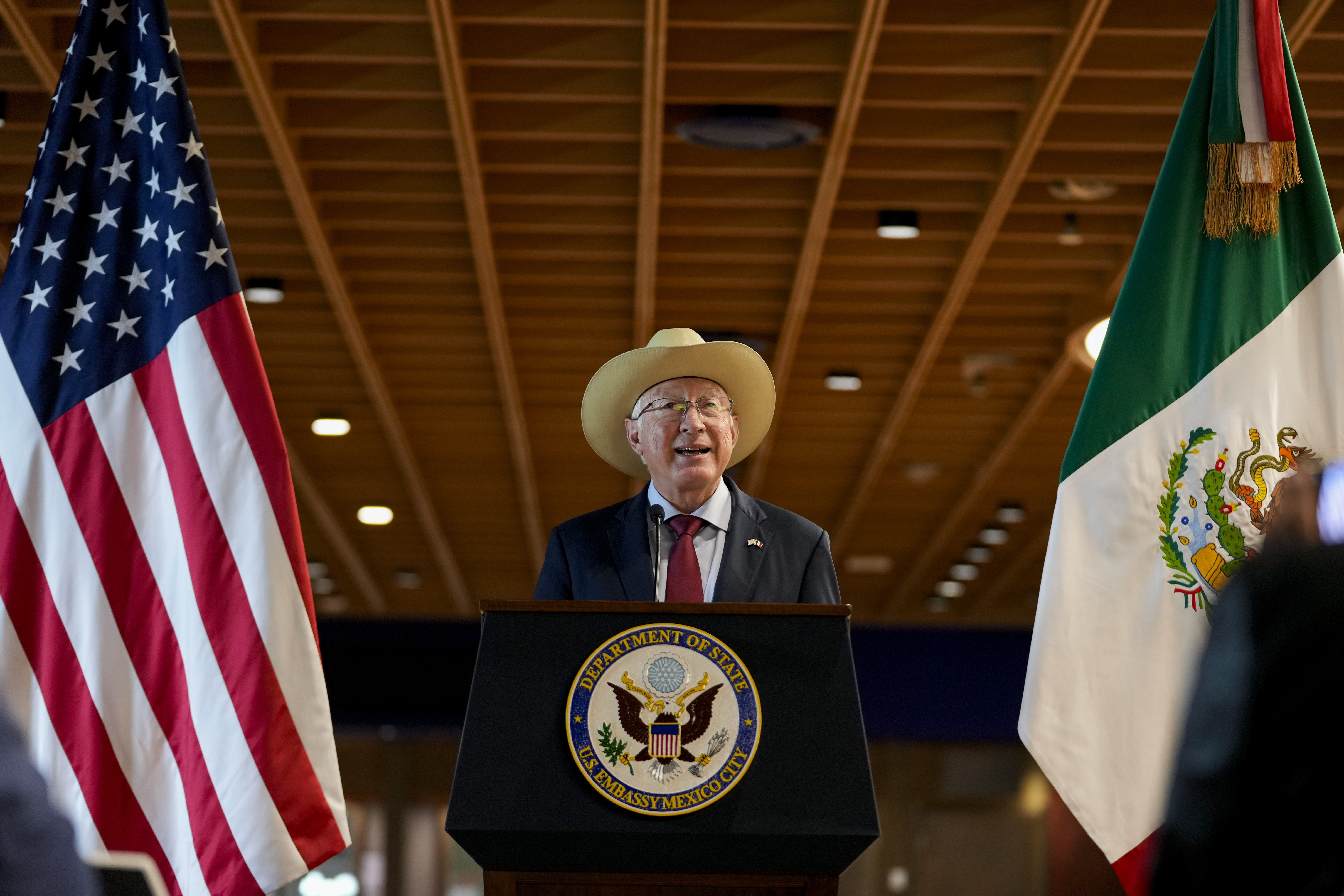 FILE - U.S. Ambassador to Mexico Ken Salazar speaks during a press conference at the new embassy still under construction, in Mexico City, Oct. 29, 2024. (AP Photo/Moises Castillo, File)