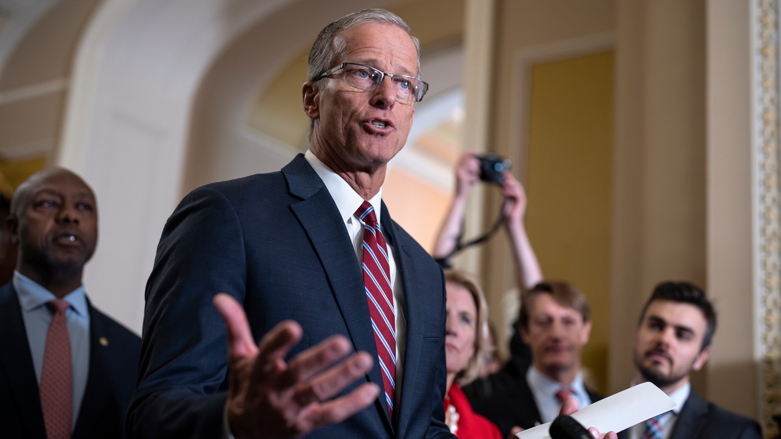 Senate Minority Whip John Thune, R-S.D., meets with reporters after he was elected to succeed longtime GOP leader Mitch McConnell of Kentucky, at the Capitol in Washington, Wednesday, Nov. 13, 2024. (AP Photo/J. Scott Applewhite)