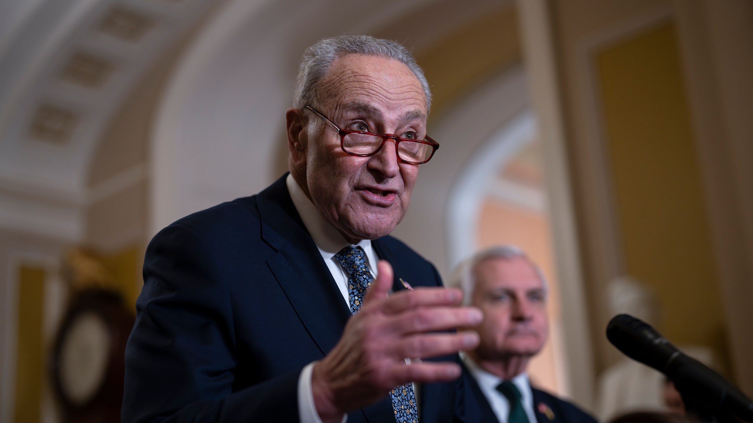 Senate Majority Leader Chuck Schumer, D-N.Y., speaks with reporters at the Capitol in Washington, Wednesday, Nov. 13, 2024. (AP Photo/J. Scott Applewhite)