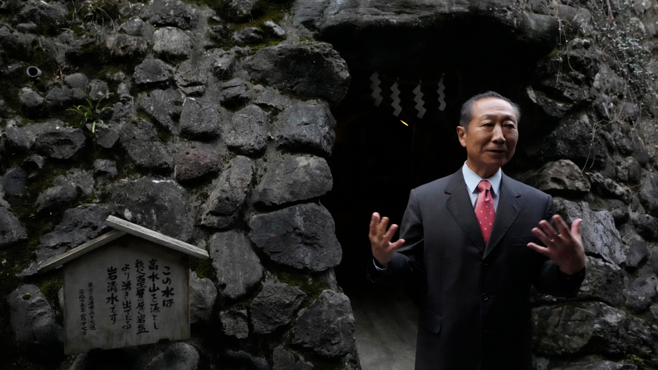 Junichiro Ozawa, head of Ozawa Sake Brewery, speaks during a media tour at the brewery in Ome, on the western outskirts of Tokyo, Japan, Wednesday, Nov. 13, 2024. (AP Photo/Hiro Komae)