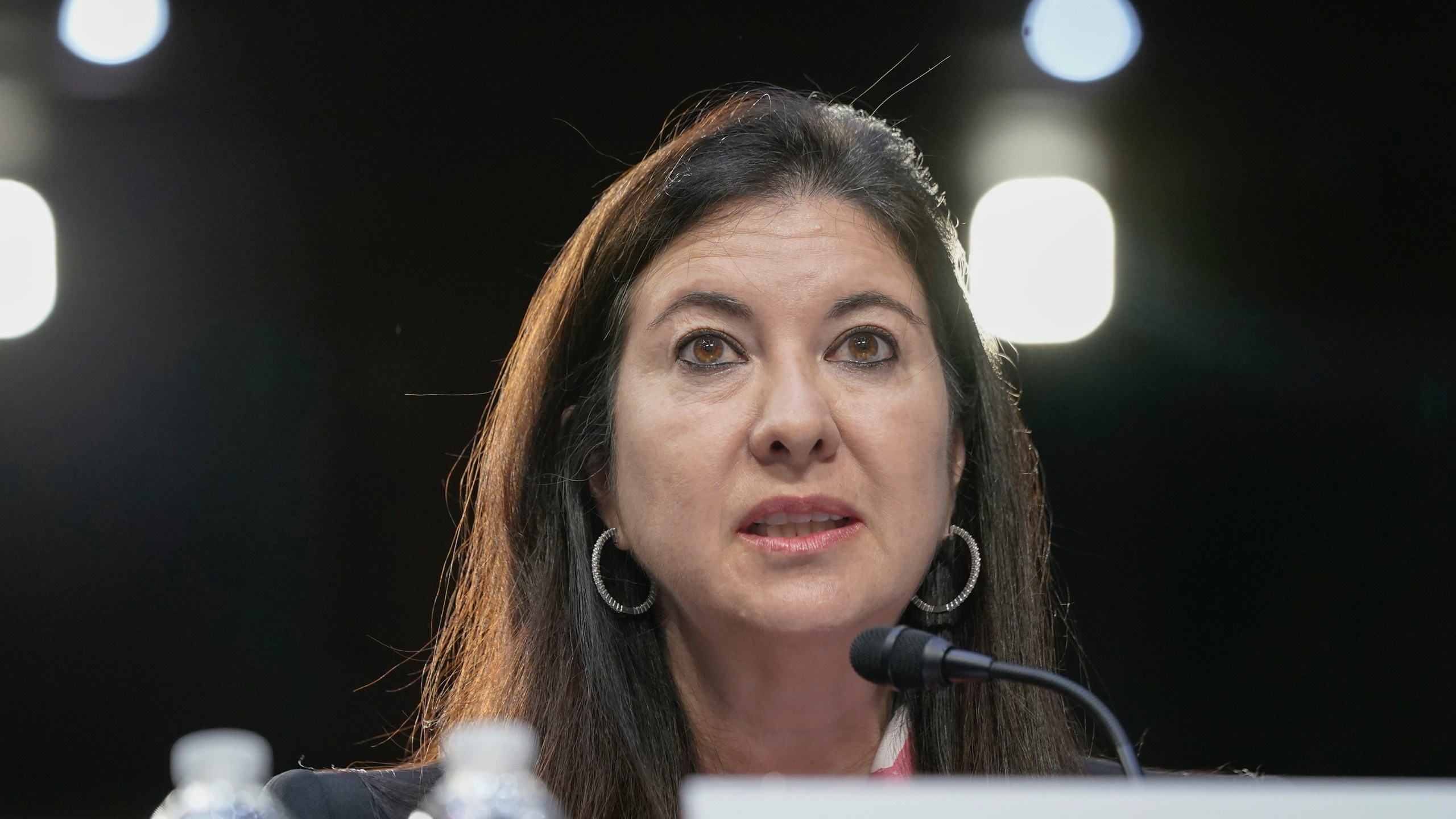 FILE - Adriana Kugler of Maryland, speaks during the Senate Banking, Housing, and Urban Affairs Committee hearing to examine her nomination to be a member of the Board of Governors of the Federal Reserve System, June 21, 2023, on Capitol Hill in Washington. (AP Photo/Mariam Zuhaib, File)