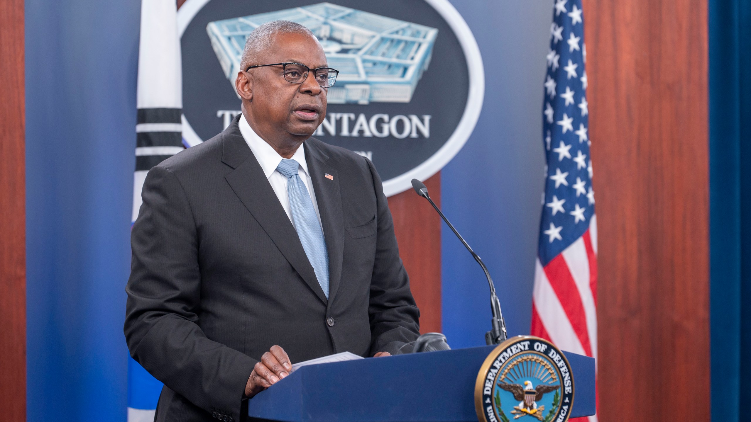 Defense Secretary Lloyd Austin speaks during a joint press briefing with South Korean Defense Minister Kim Yong Hyun at the Pentagon on Wednesday, Oct. 30, 2024 in Washington. (AP Photo/Kevin Wolf)