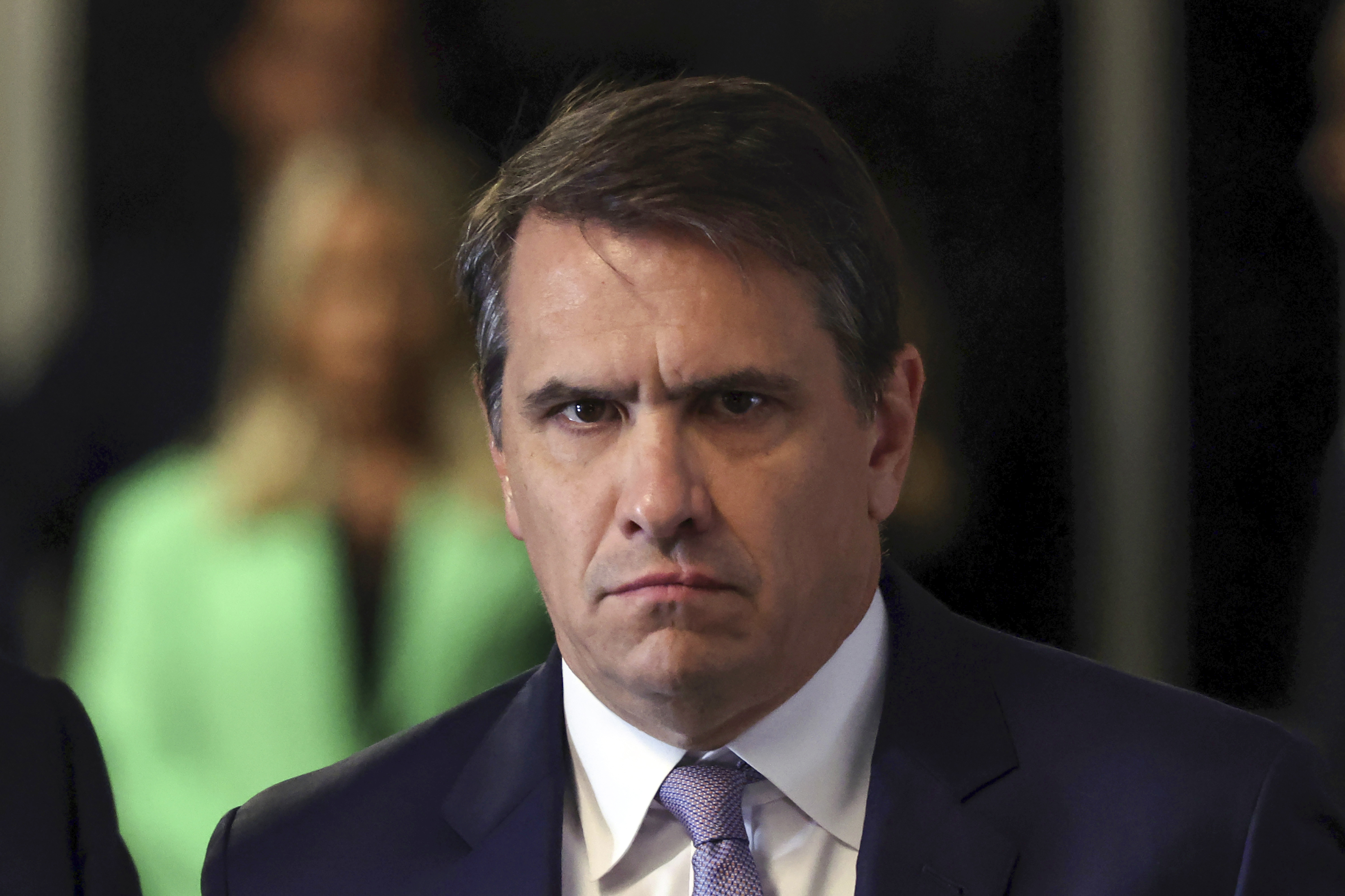 FILE - Attorney Todd Blanche listens as his client former President Donald Trump speaks as he arrives at Manhattan criminal court during jury deliberations in his criminal hush money trial in New York, May 30, 2024. (Michael M. Santiago/Pool Photo via AP, File)