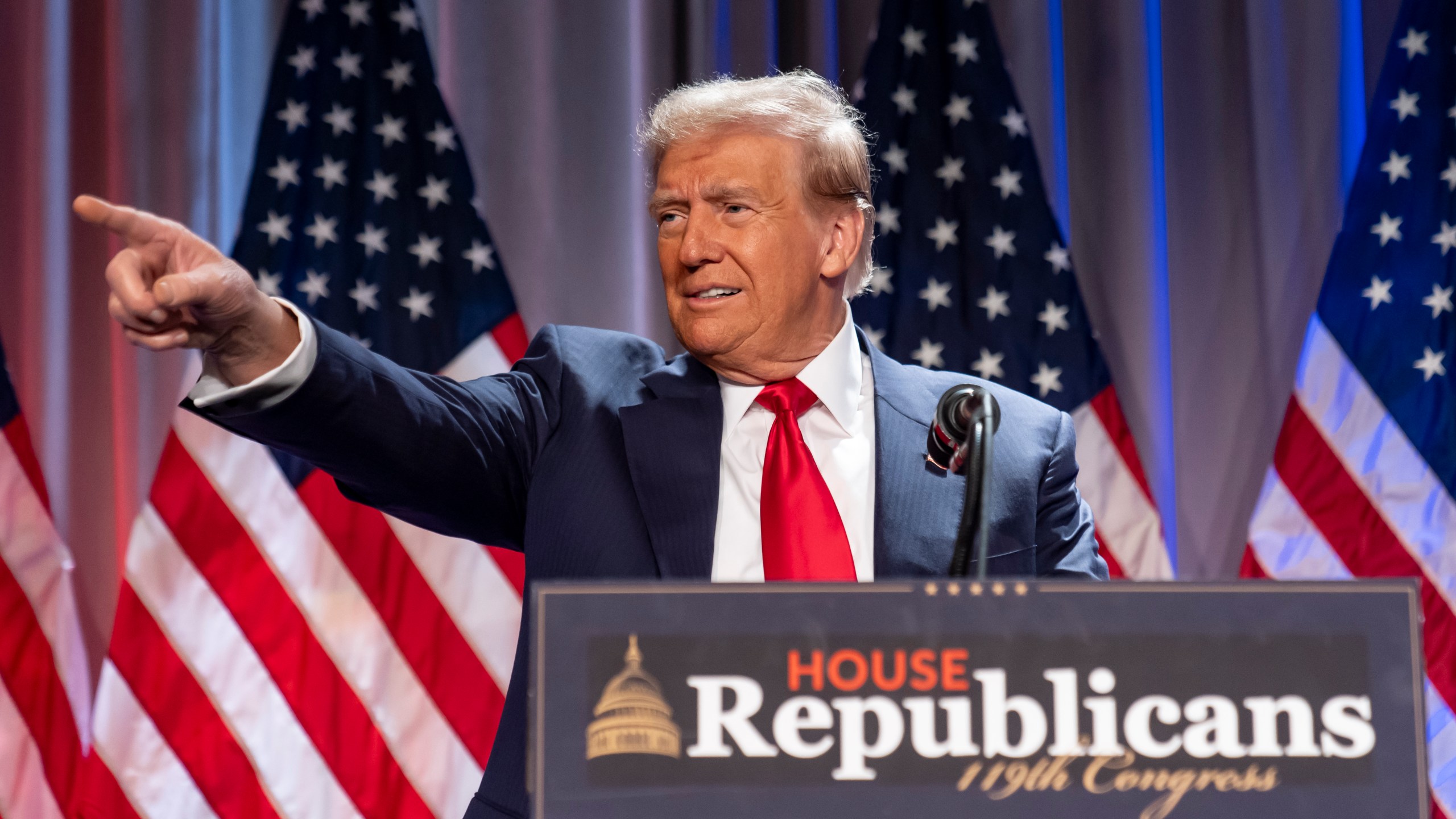 President-elect Donald Trump speaks at a meeting of the House GOP conference, Wednesday, Nov. 13, 2024, in Washington. (AP Photo/Alex Brandon)