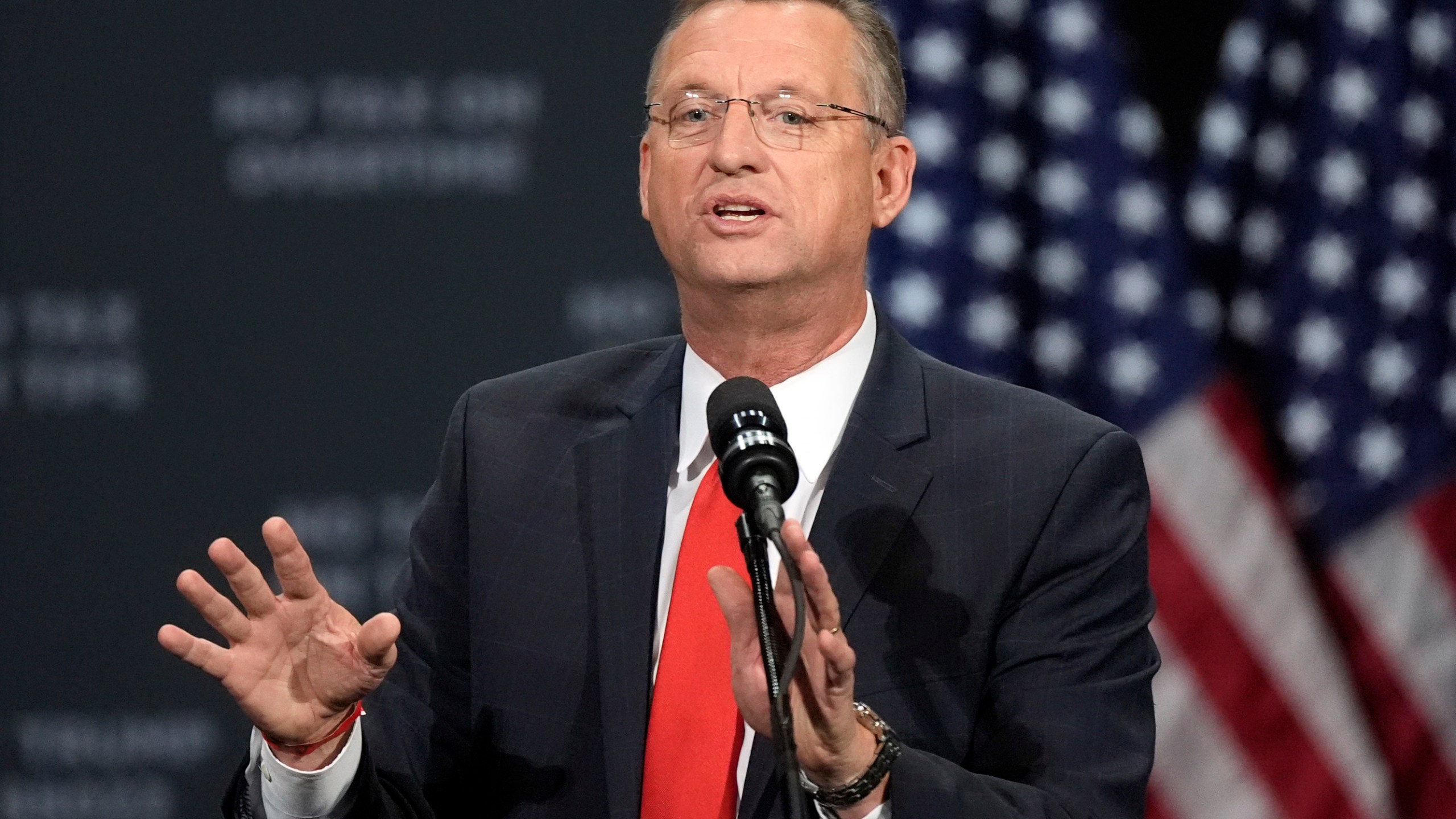 FILE - Former Rep. Doug Collins speaks before Republican presidential nominee former President Donald Trump at a campaign event at the Cobb Energy Performing Arts Centre, Oct. 15, 2024, in Atlanta. (AP Photo/John Bazemore, File)