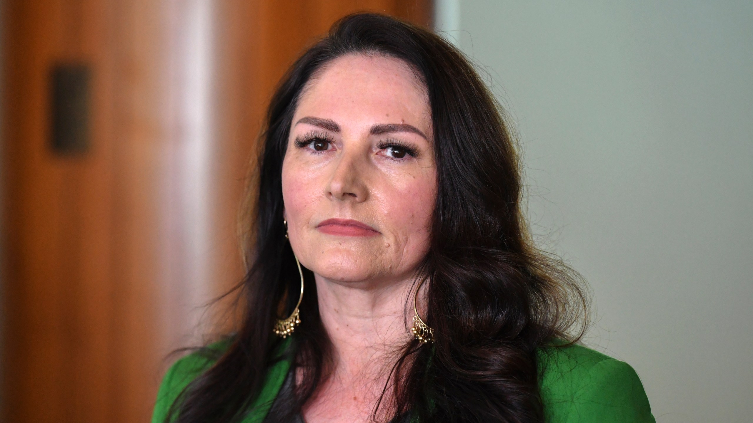 Online safety advocate Sonya Ryan attends a press conference at Parliament House in Canberra, Australia on June 15, 2021. Ryan knows from personal tragedy how dangerous social media can be for children. (Mick Tsikas/AAP Image via AP)