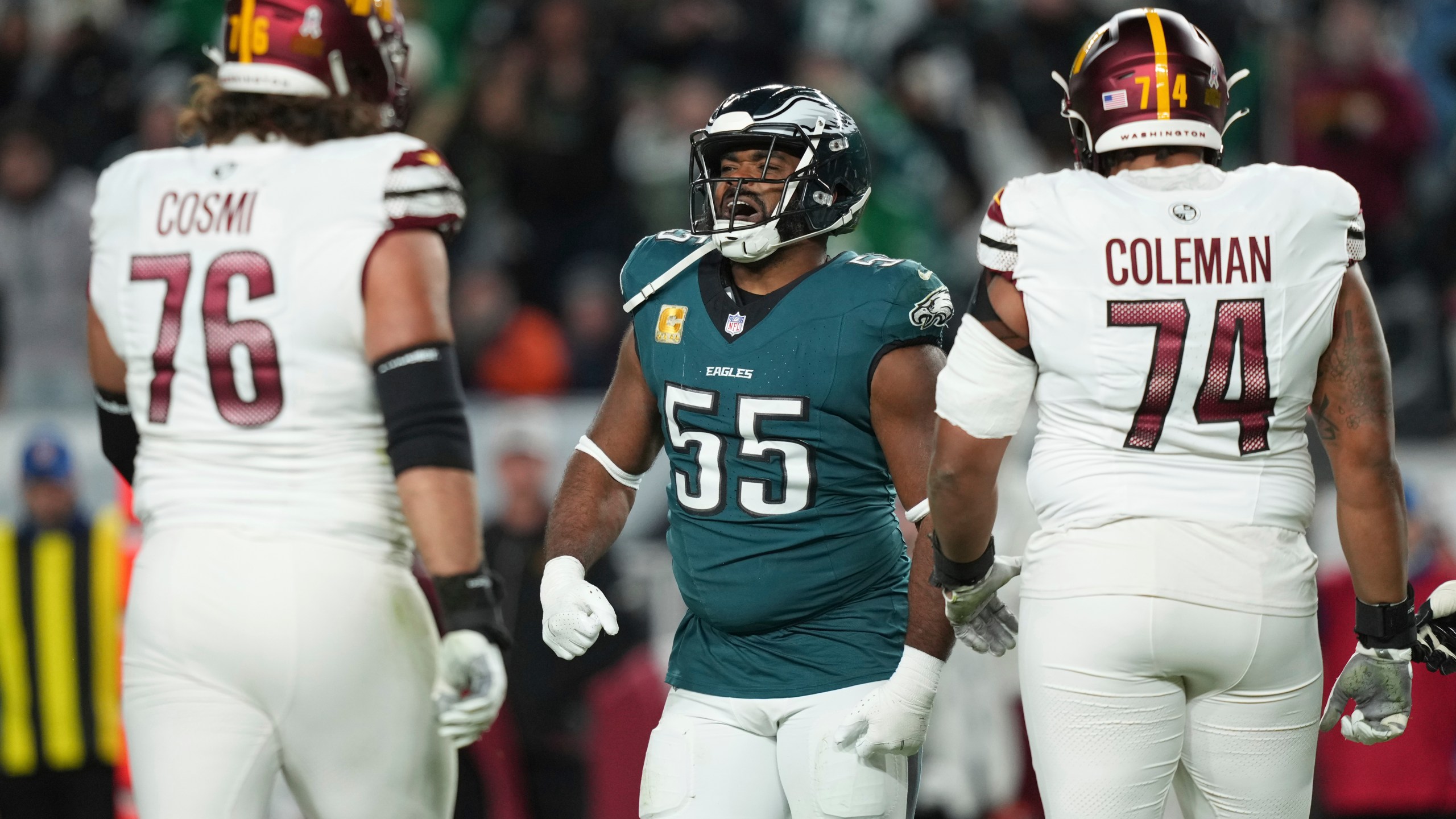 Philadelphia Eagles defensive end Brandon Graham (55) celebrates sacking Washington Commanders quarterback Jayden Daniels during the first half of an NFL football game Thursday, Nov. 14, 2024, in Philadelphia. (AP Photo/Matt Slocum)