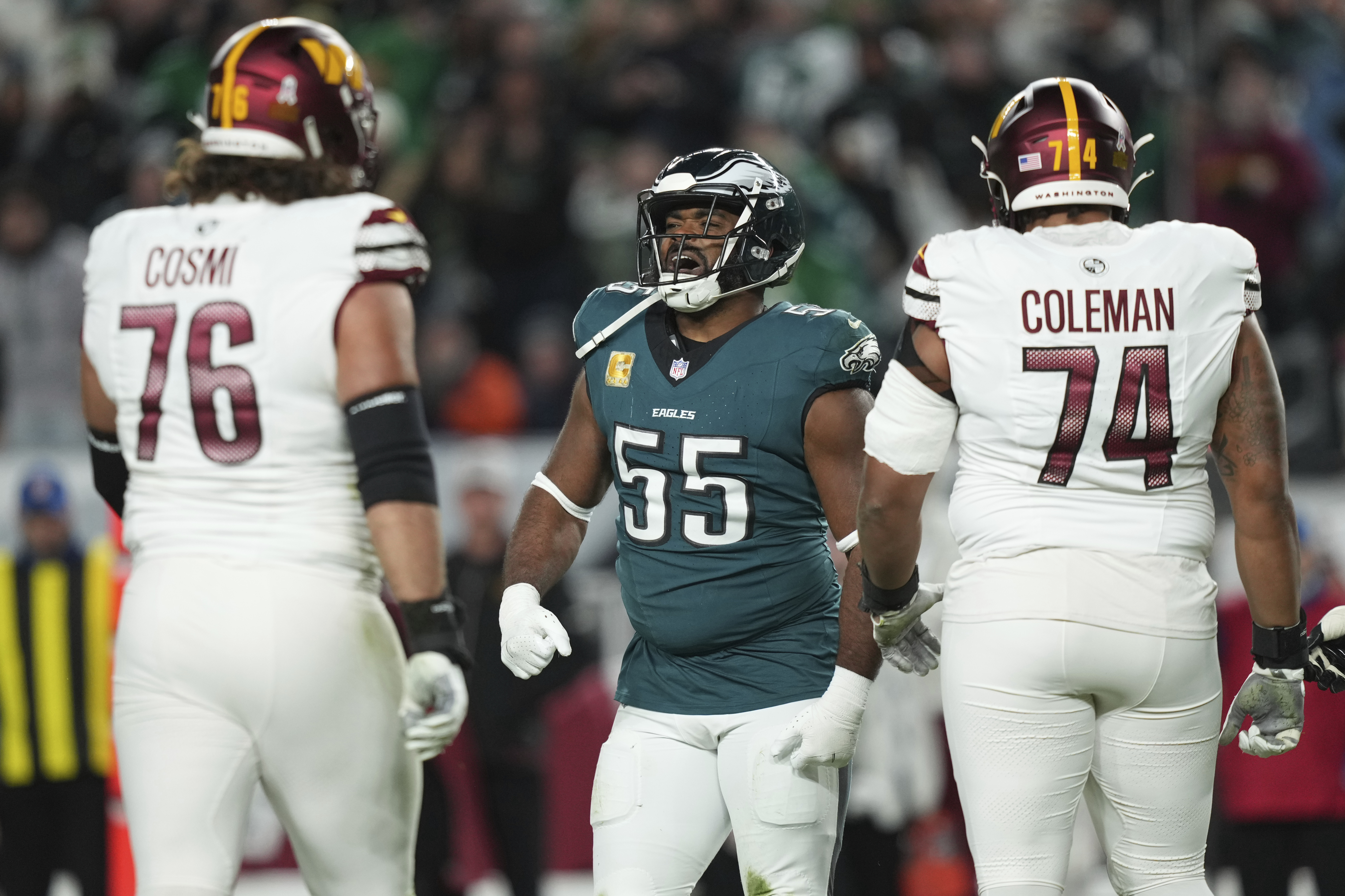 Philadelphia Eagles defensive end Brandon Graham (55) celebrates sacking Washington Commanders quarterback Jayden Daniels during the first half of an NFL football game Thursday, Nov. 14, 2024, in Philadelphia. (AP Photo/Matt Slocum)