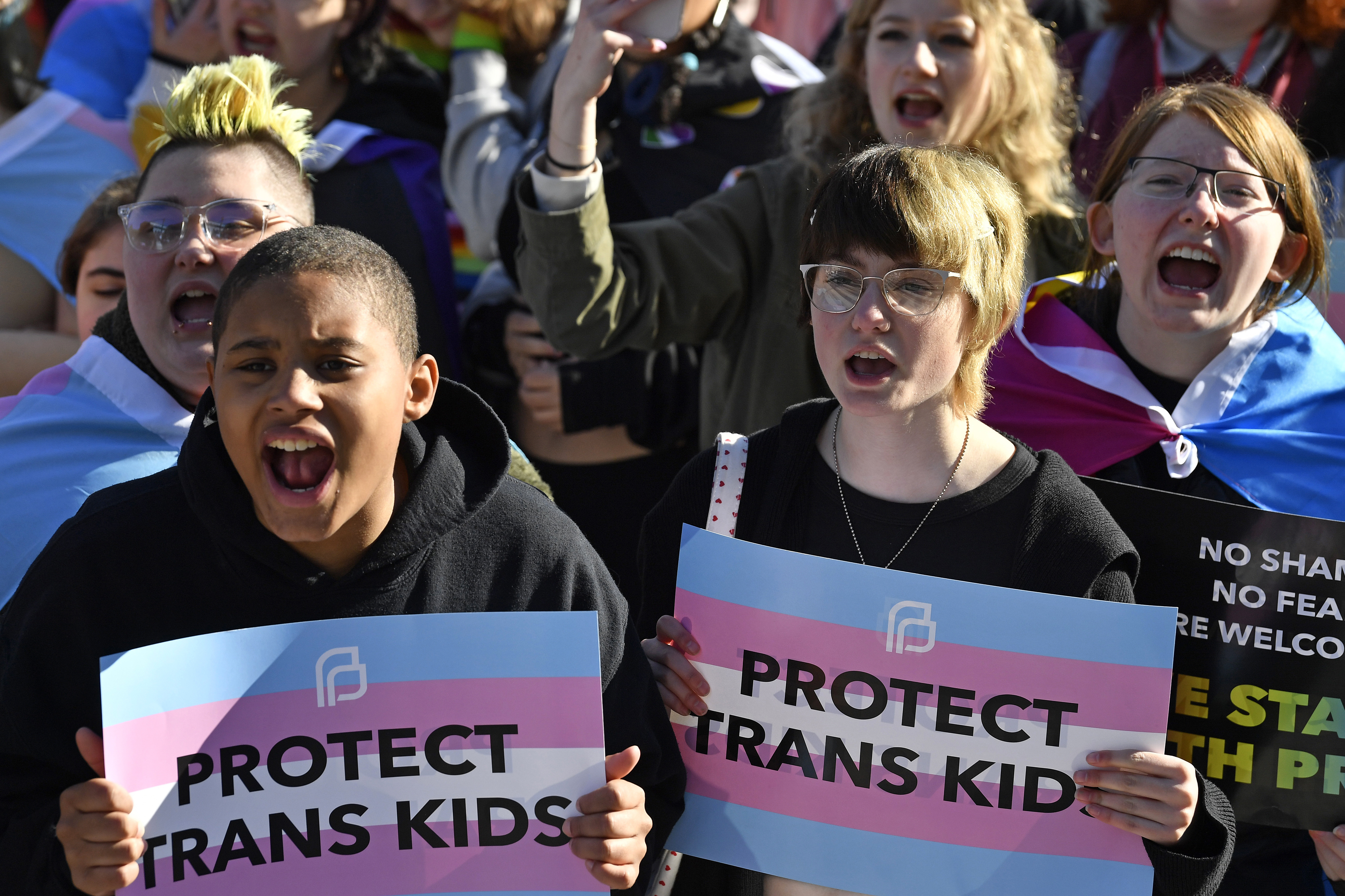 FILE - Protesters of Kentucky Senate Bill SB150, known as the Transgender Health Bill, cheer on speakers during a rally on the lawn of the Kentucky Capitol in Frankfort, Ky., March 29, 2023. (AP Photo/Timothy D. Easley, File)