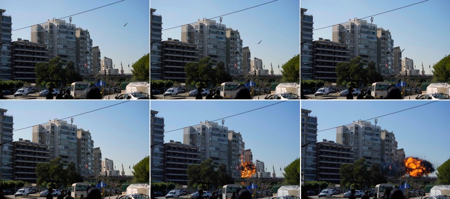 This combination of photographs show a bomb dropped from an Israeli jet hit a building in Tayouneh, Beirut, Lebanon, Friday, Nov. 15, 2024. (AP Photo/Hassan Ammar)