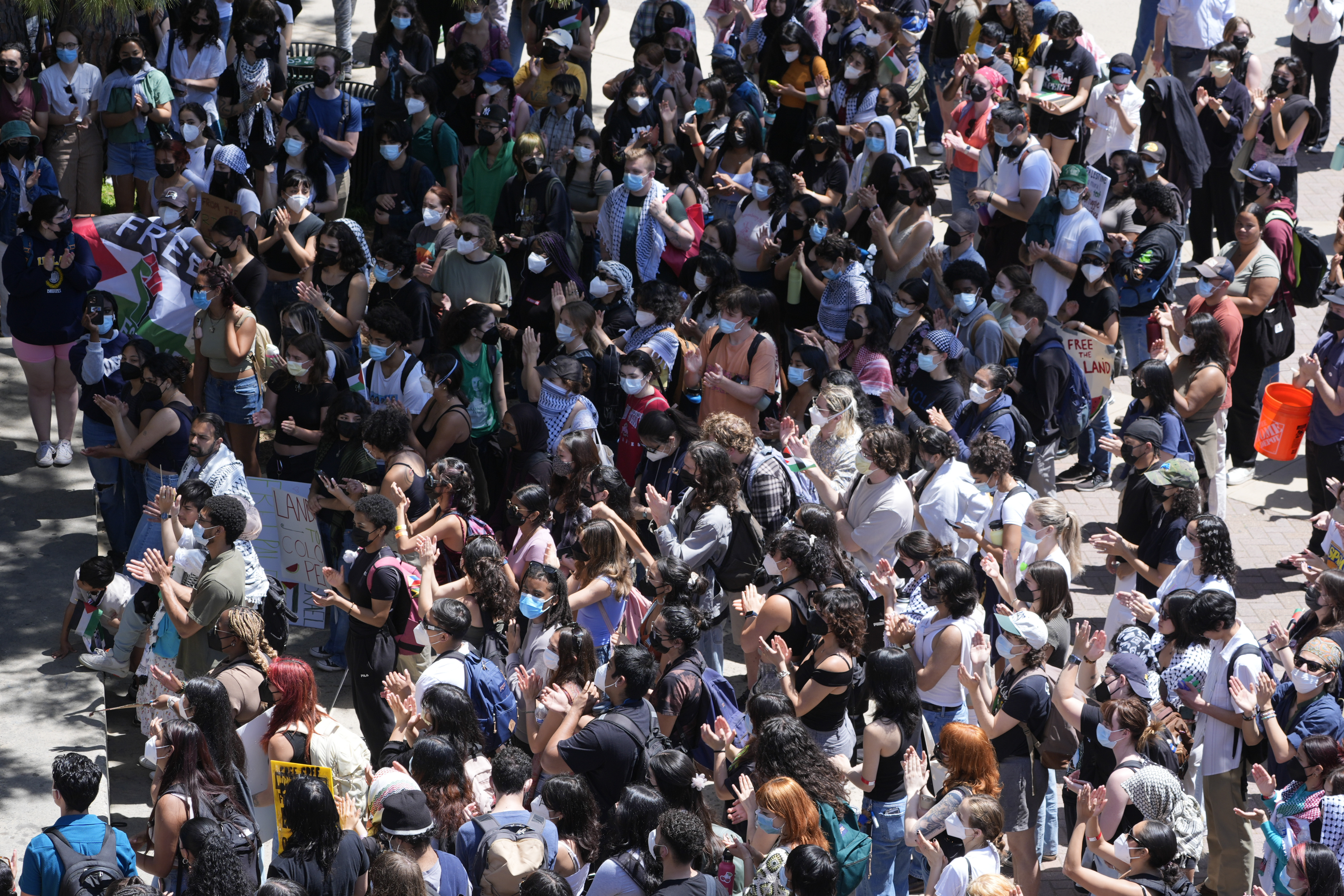 FILE - Students gather on the UCLA campus to protest the Israel-Hamas war, Monday, April 29, 2024, in Los Angeles. (AP Photo/Damian Dovarganes,File)