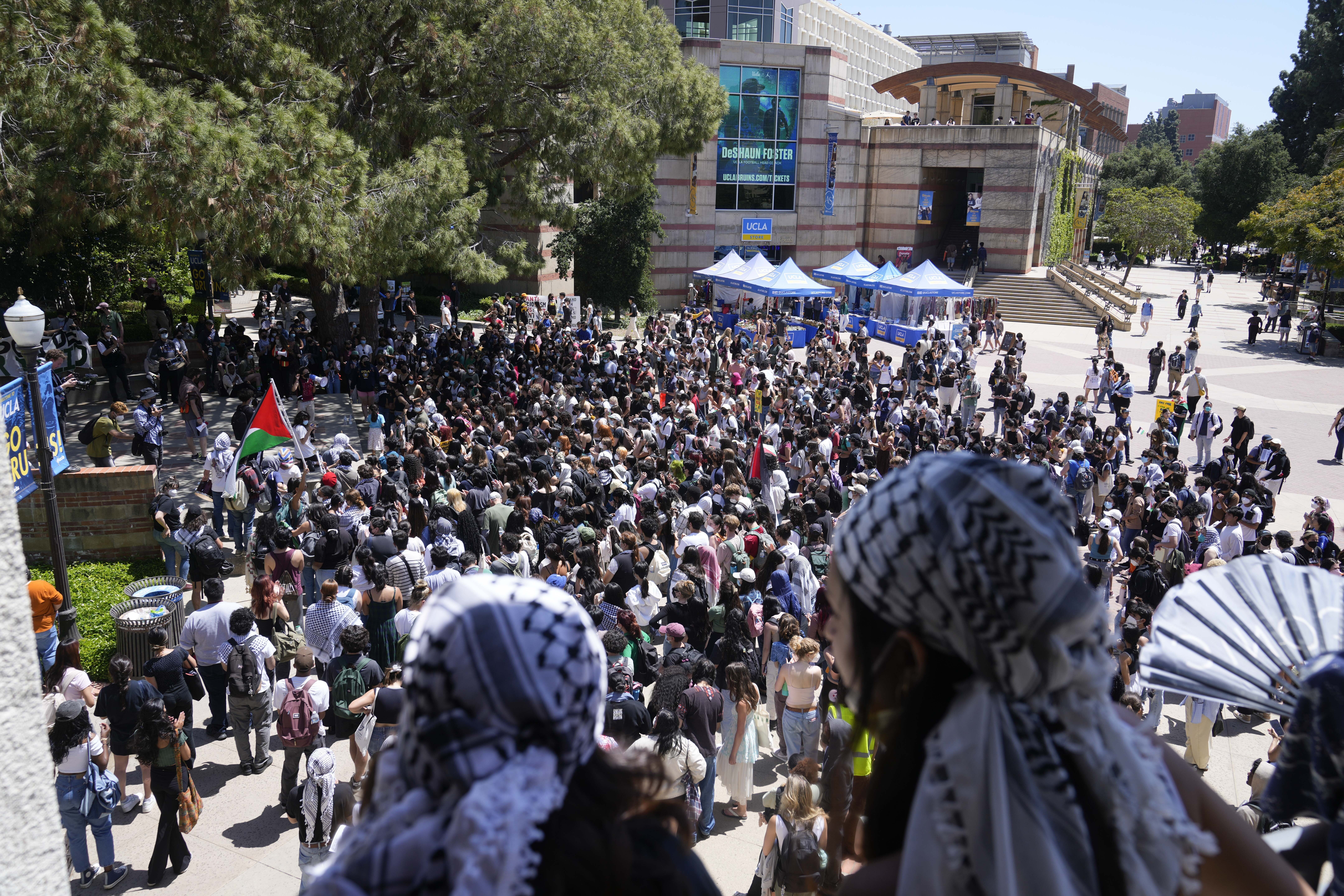 FILE - Students gather on the UCLA campus to protest the Israel-Hamas War, Monday, April 29, 2024, in Los Angeles. (AP Photo/Damian Dovarganes, File)