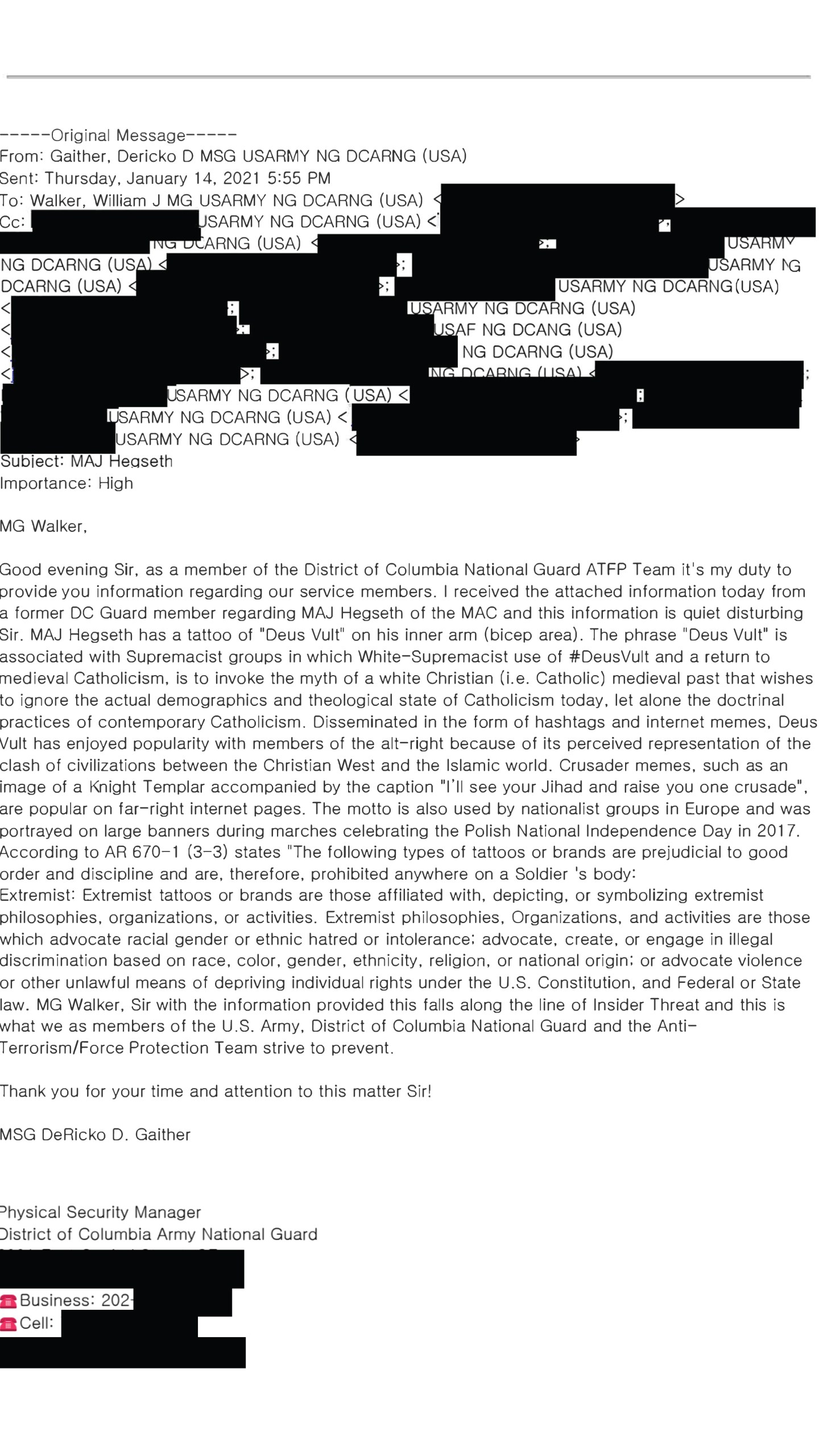 A National Guard member shared with The Associated Press an email he sent to the unit’s leadership flagging a tattoo on Pete Hegseth that’s been used by white supremacists, concerned it was an indication of an “Insider Threat.” Hegseth has been named by President-elect Donald Trump to lead the Defense Department. (AP Photo)