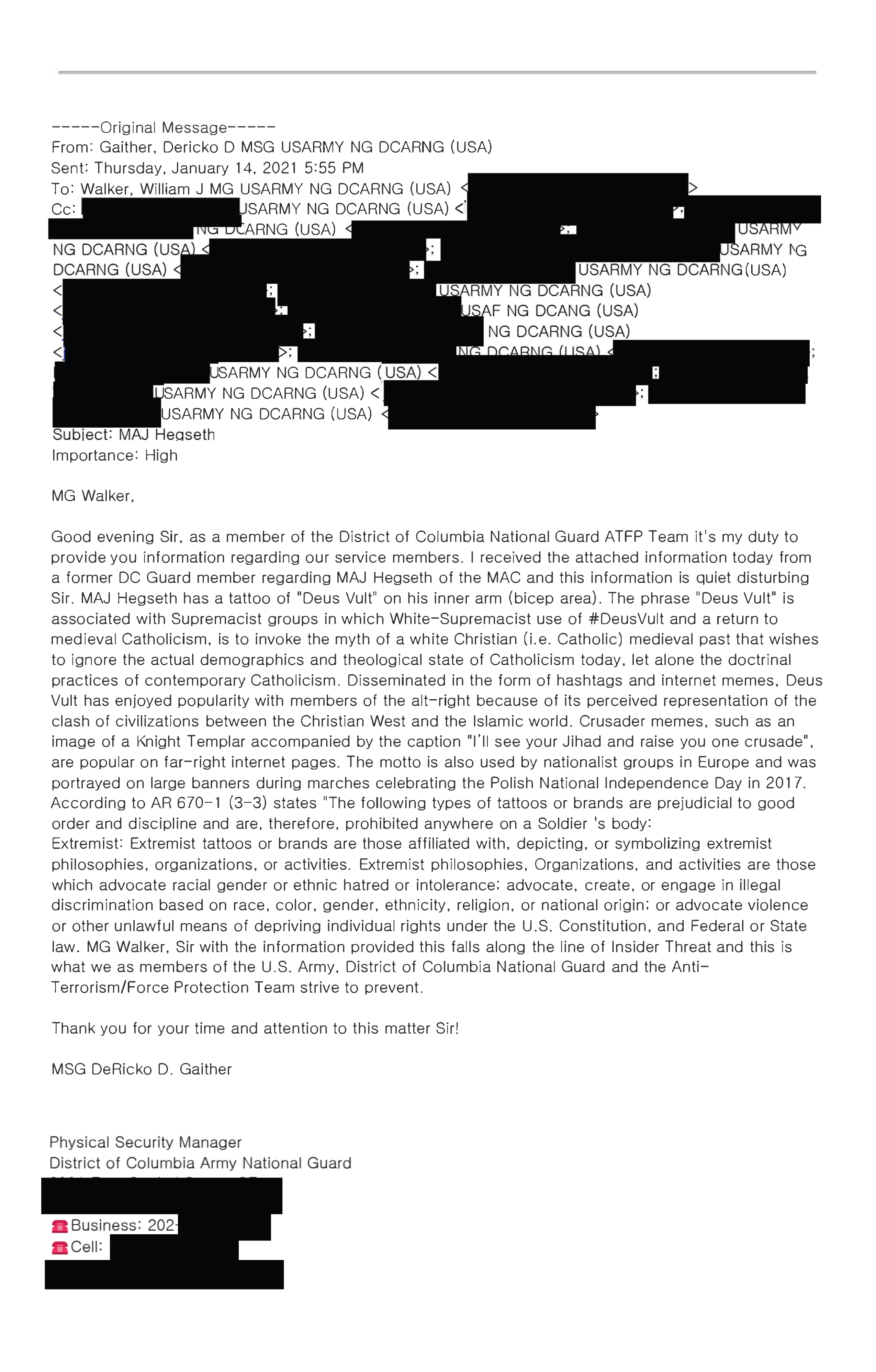 A National Guard member shared with The Associated Press an email he sent to the unit’s leadership flagging a tattoo on Pete Hegseth that’s been used by white supremacists, concerned it was an indication of an “Insider Threat.” Hegseth has been named by President-elect Donald Trump to lead the Defense Department. (AP Photo)