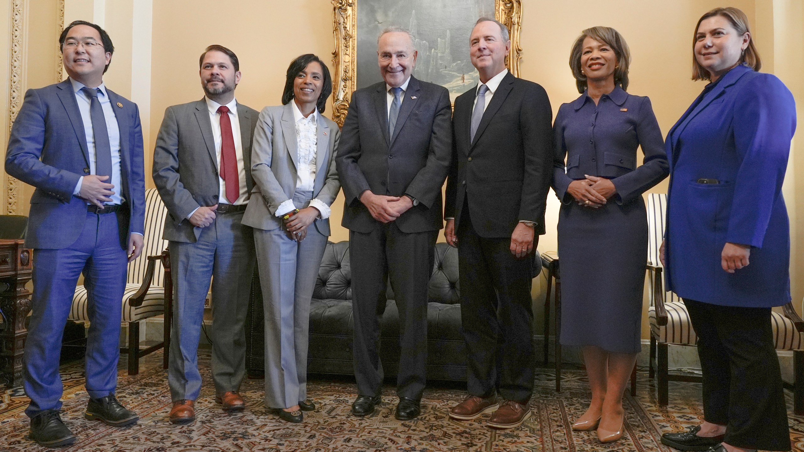 Sen. Majority Leader Chuck Schumer, D-N.Y., center, welcomes incoming Democrat senators in his office Tuesday, Nov. 12, 2024, in Washington, from right, Sen.-elect Elissa Slotkin, D-Mich, Sen.-elect Lisa Blunt Rochester, D-Del., Sen.-elect Rep. Adam Schiff, D-Calif, Schumer, Sen.-elect Angela Alsobrooks, D-Md., Sen.-elect Ruben Gallego, D-Ariz., Sen.-elect Rep. Andy Kim, D-N.J. AP Photo/Mariam Zuhaib)