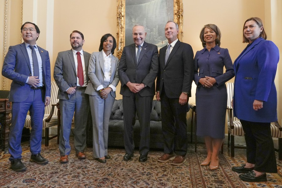 Sen. Majority Leader Chuck Schumer, D-N.Y., center, welcomes incoming Democrat senators in his office Tuesday, Nov. 12, 2024, in Washington, from right, Sen.-elect Elissa Slotkin, D-Mich, Sen.-elect Lisa Blunt Rochester, D-Del., Sen.-elect Rep. Adam Schiff, D-Calif, Schumer, Sen.-elect Angela Alsobrooks, D-Md., Sen.-elect Ruben Gallego, D-Ariz., Sen.-elect Rep. Andy Kim, D-N.J. AP Photo/Mariam Zuhaib)