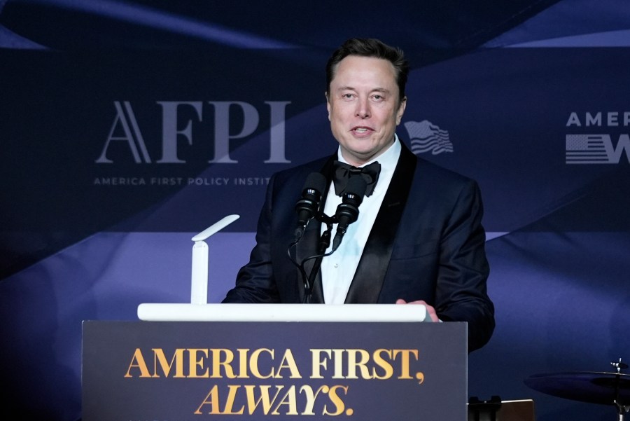 Elon Musk speaks after President-elect Donald Trump spoke during an America First Policy Institute gala at his Mar-a-Lago estate, Thursday, Nov. 14, 2024, in Palm Beach, Fla. (AP Photo/Alex Brandon)