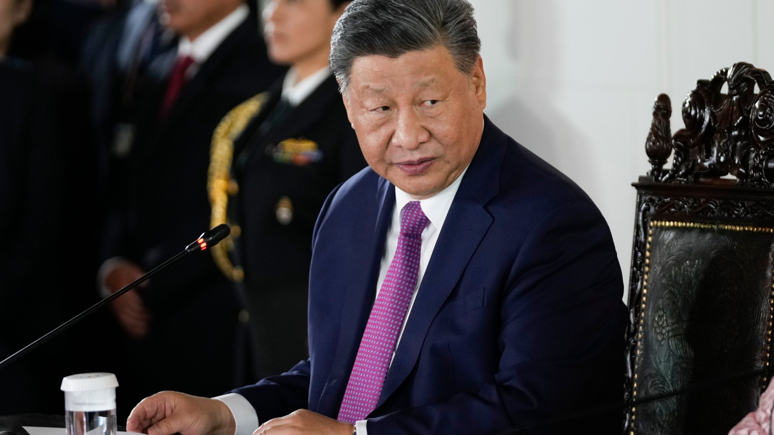 Chinese President Xi Jinping looks on during a ceremony to virtually inaugurate a Chinese-funded port in the city of Chancay, at the government palace in Lima, Peru, Thursday, Nov. 14, 2024. (AP Photo/Fernando Vergara)