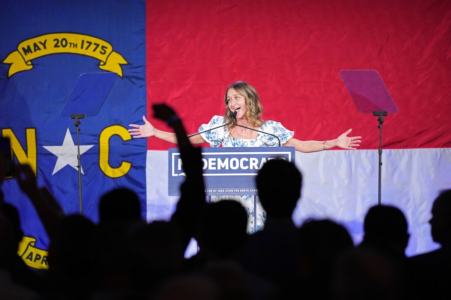 FILE - Anderson Clayton, the chair of the North Carolina Democratic Party, speaks during an election night watch party for Democratic North Carolina gubernatorial candidate Attorney General Josh Stein, Nov. 5, 2024, in Raleigh, N.C. (AP Photo/Grant Halverson, File)