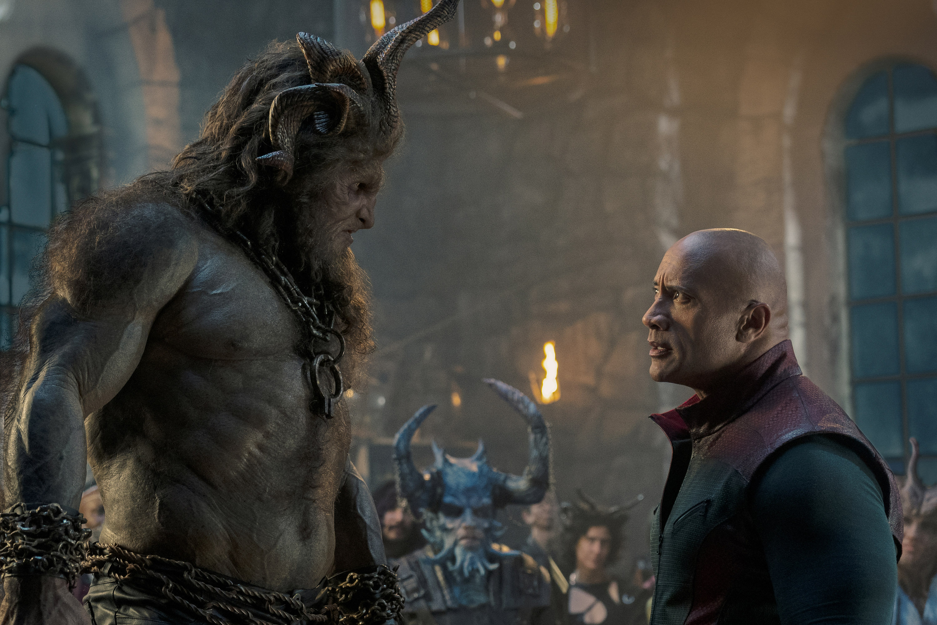 This image released by Prime shows Kristofer Hivju, left, and Dwayne Johnson in a scene from "Red One." (Frank Masi/Prime via AP)