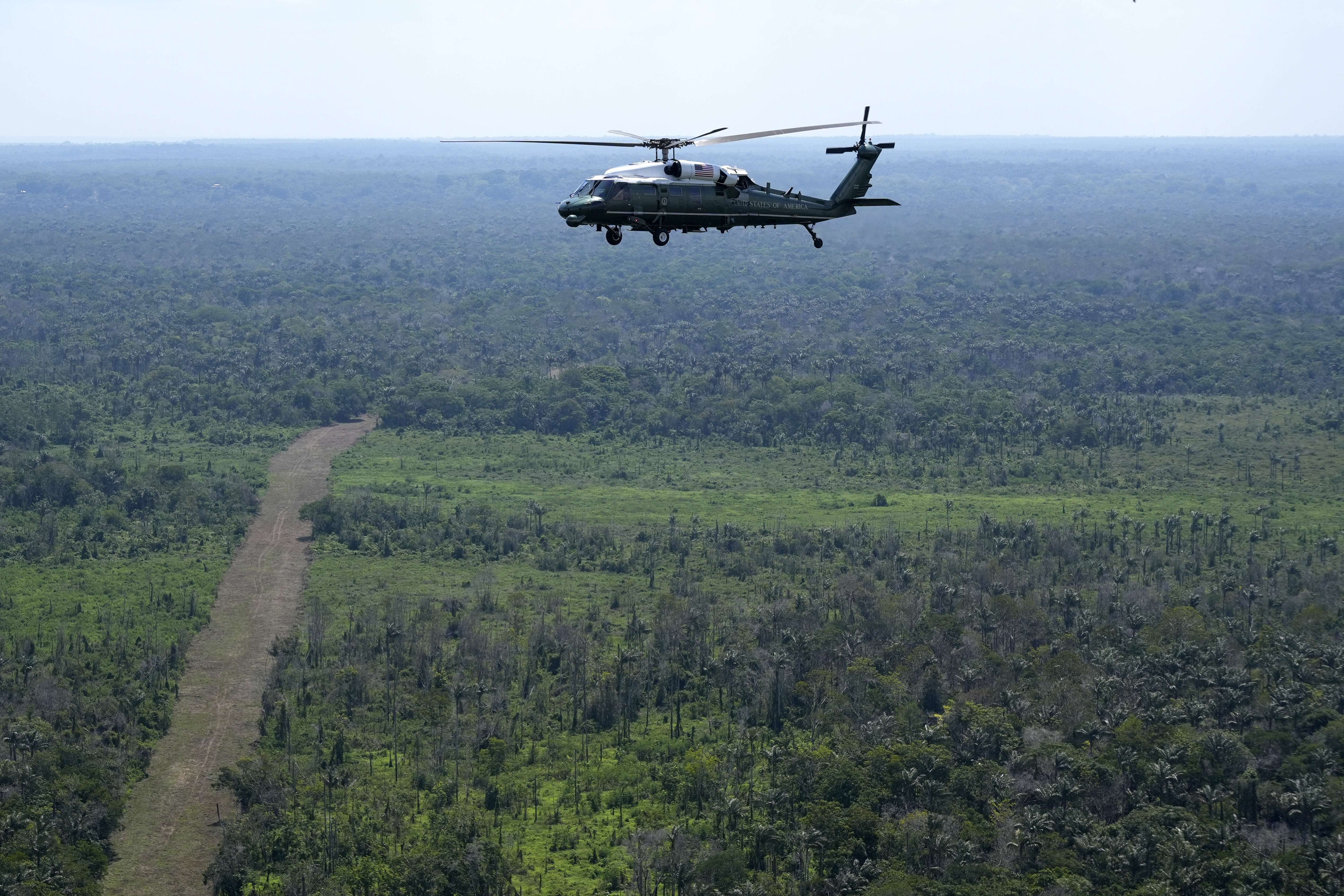 Marine One carrying President Joe Biden flies over the Amazon during a tour, Sunday, Nov. 17, 2024, in Manaus, Brazil. (AP Photo/Manuel Balce Ceneta)