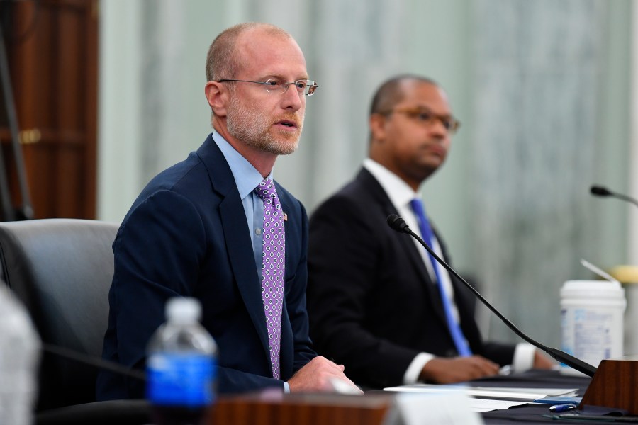 FILE - Brendan Carr answers questions during a Senate Commerce, Science, and Transportation committee hearing to examine the Federal Communications Commission on Capitol Hill in Washington, June 24, 2020. (Jonathan Newton/The Washington Post via AP, Pool, File)